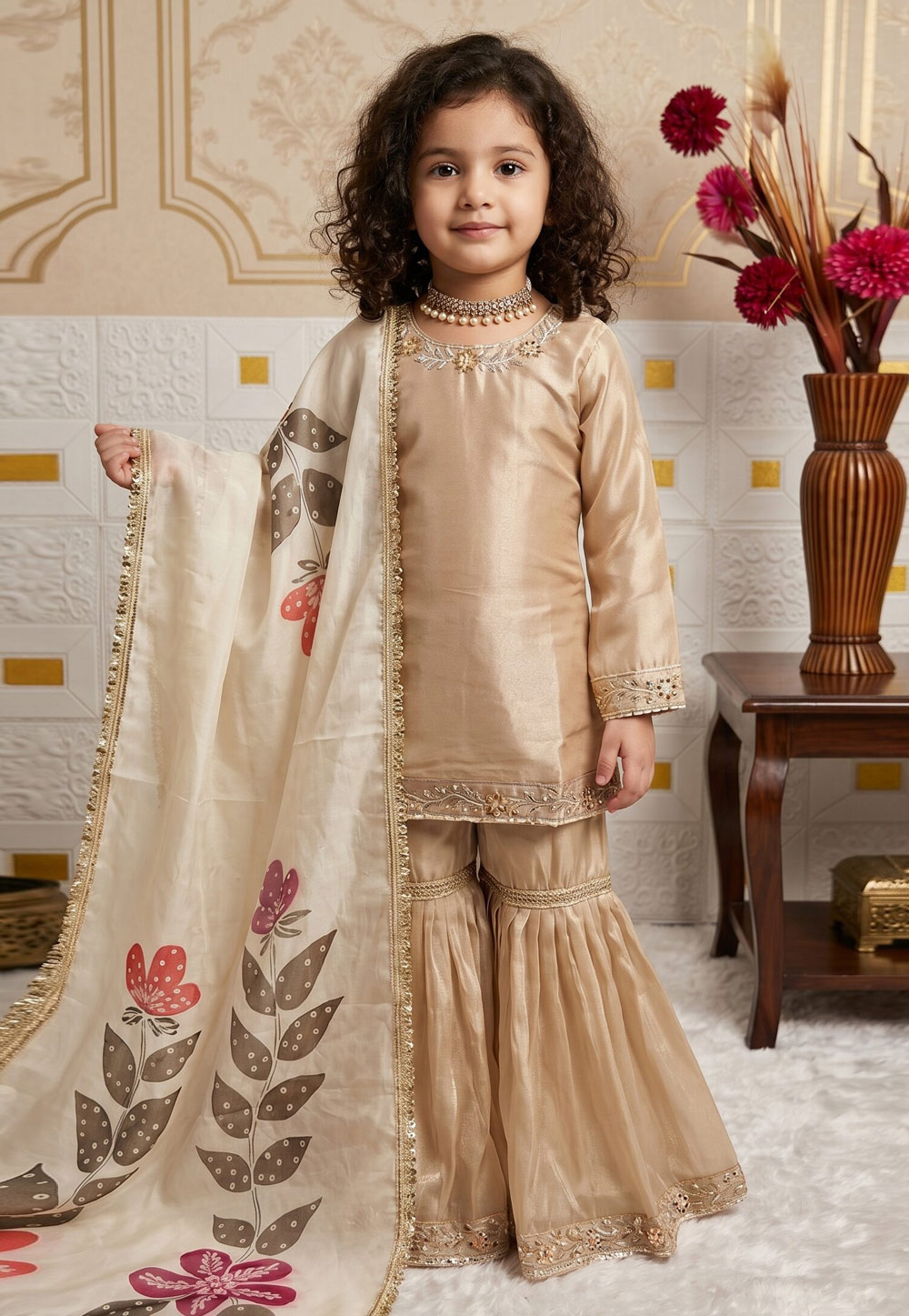 Beige Silk Kids Sharara Suit 329472