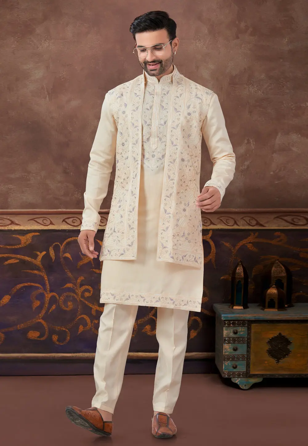 Peach Silk Kurta Pajama With Jacket 296917