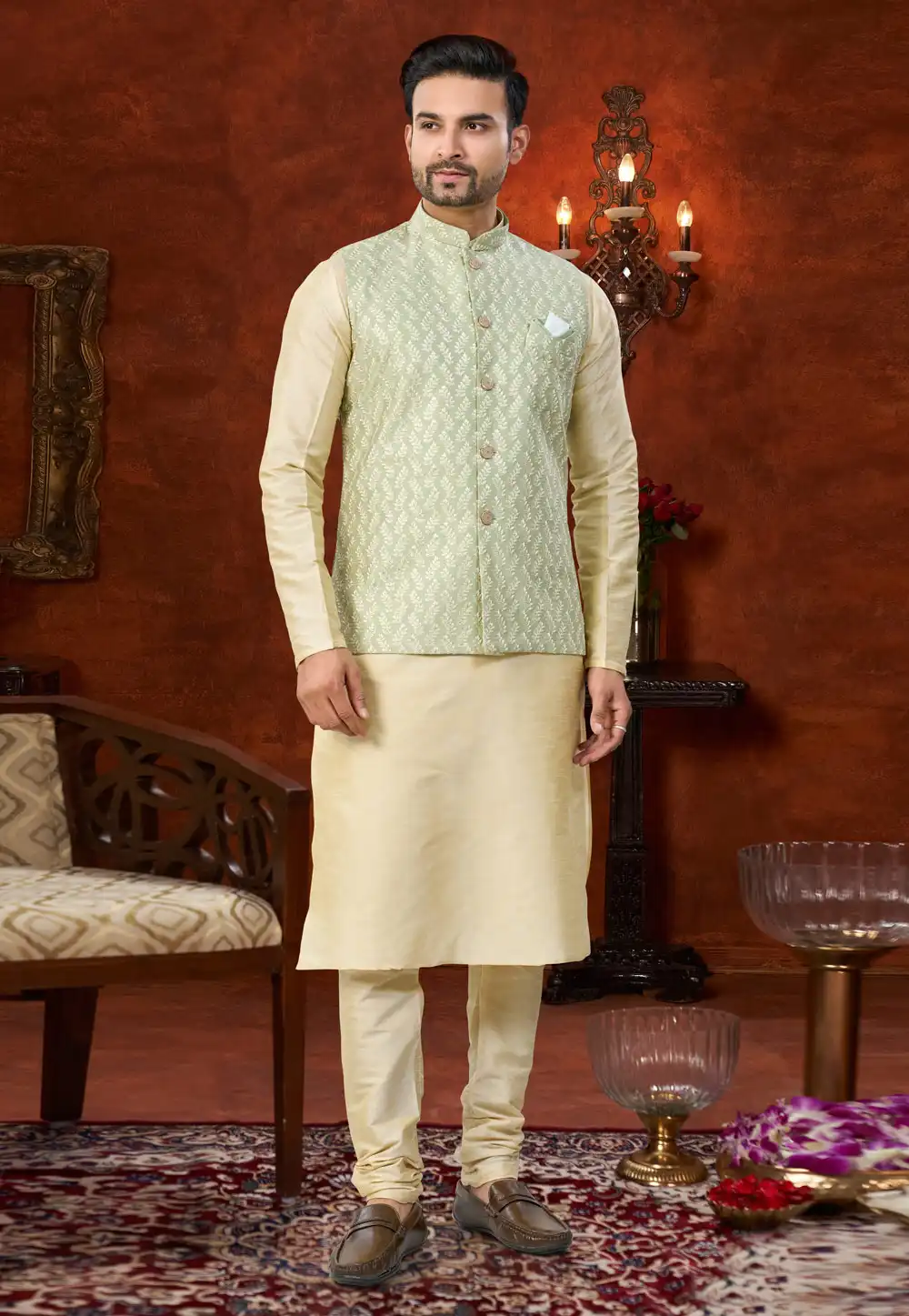 Beige Silk Kurta Pajama With Jacket 324595