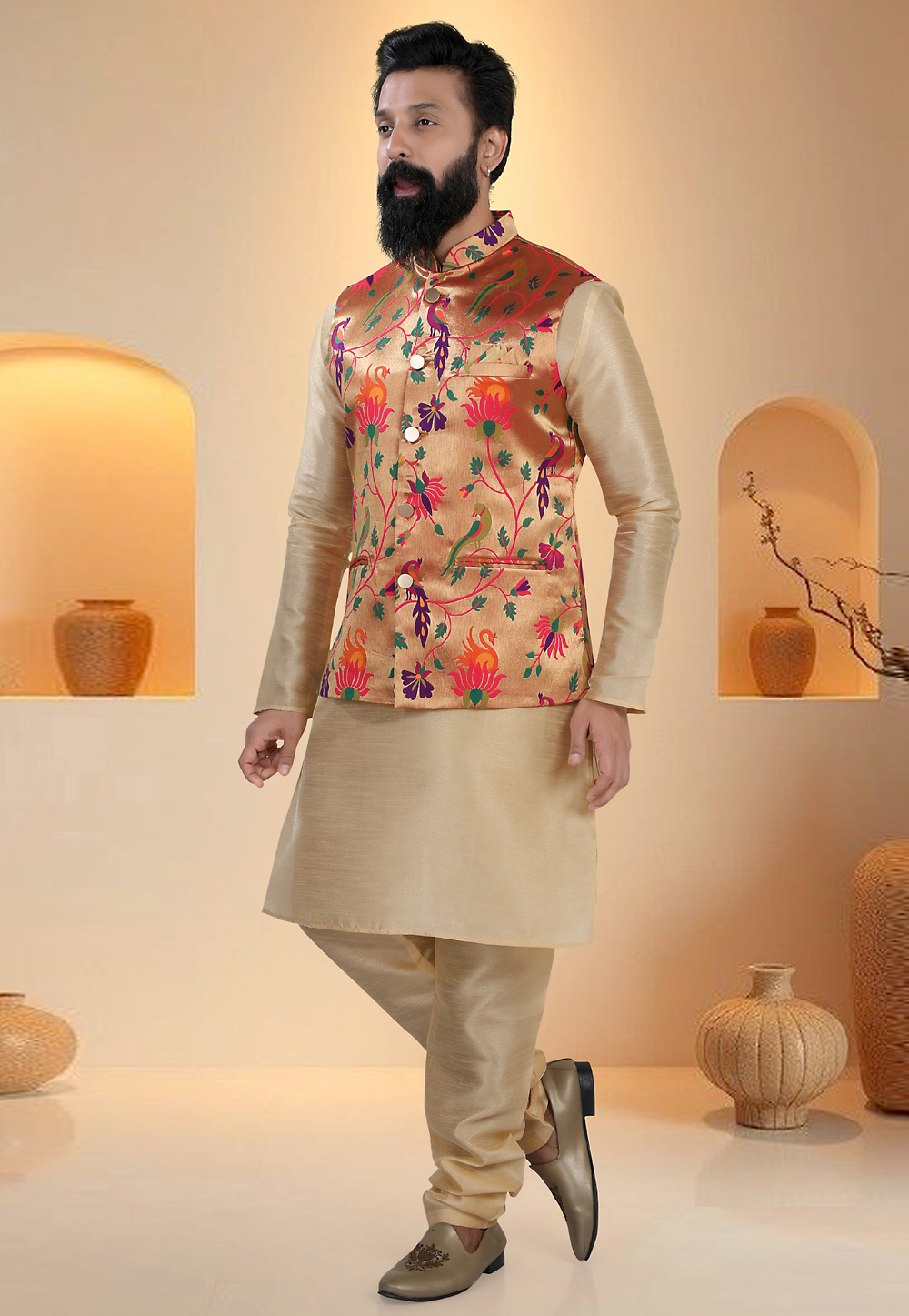 Beige Silk Kurta Pajama With Jacket 321277