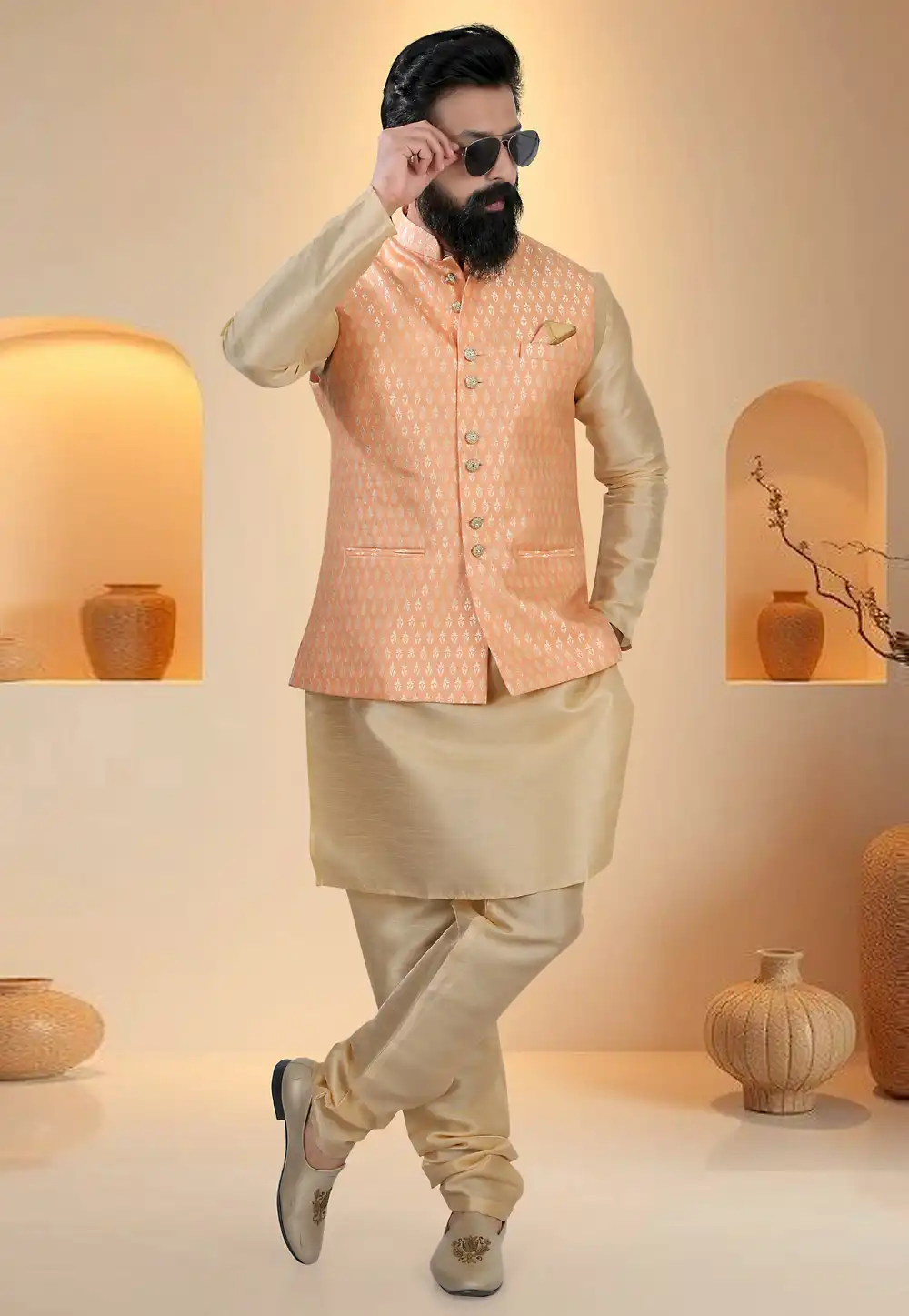 Beige Silk Kurta Pajama With Jacket 321278