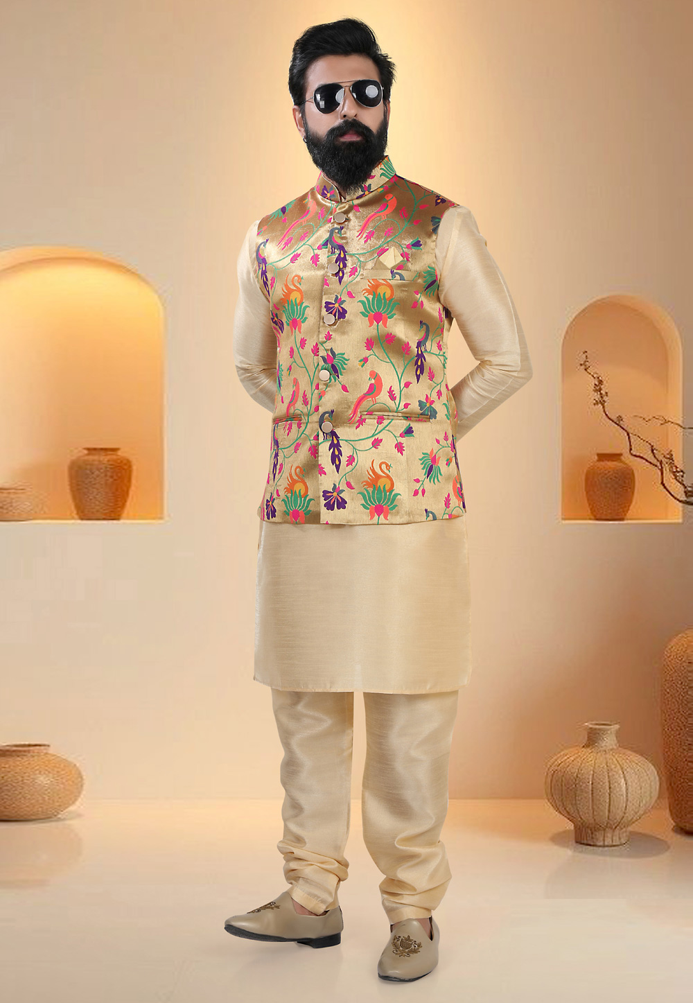 Beige Silk Kurta Pajama With Jacket 321279