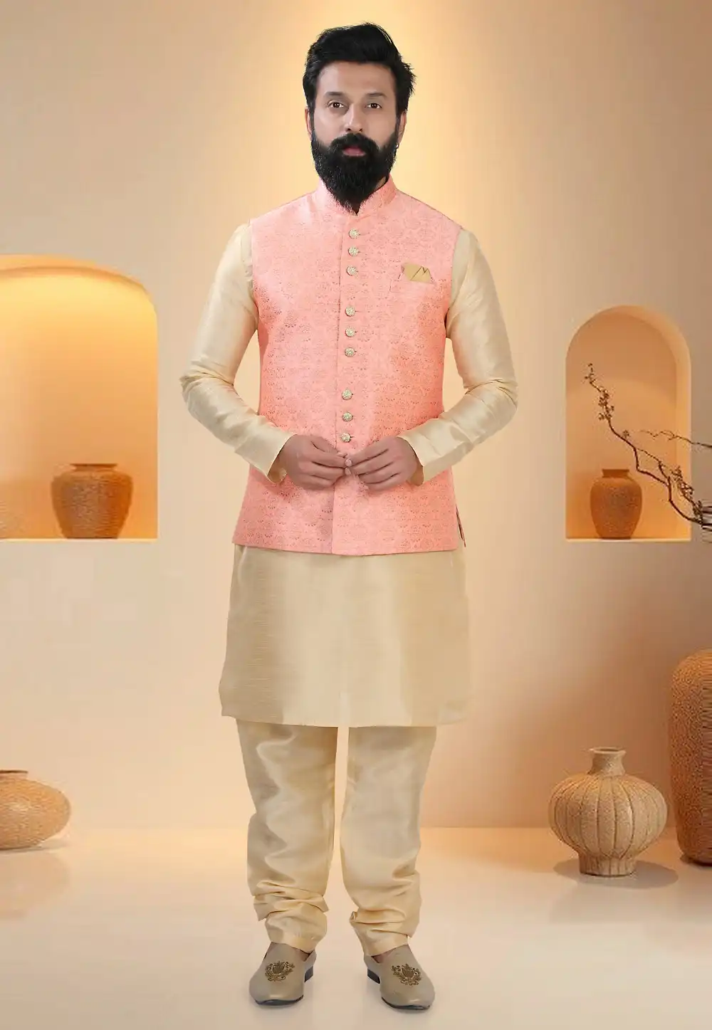 Beige Silk Kurta Pajama With Jacket 321280