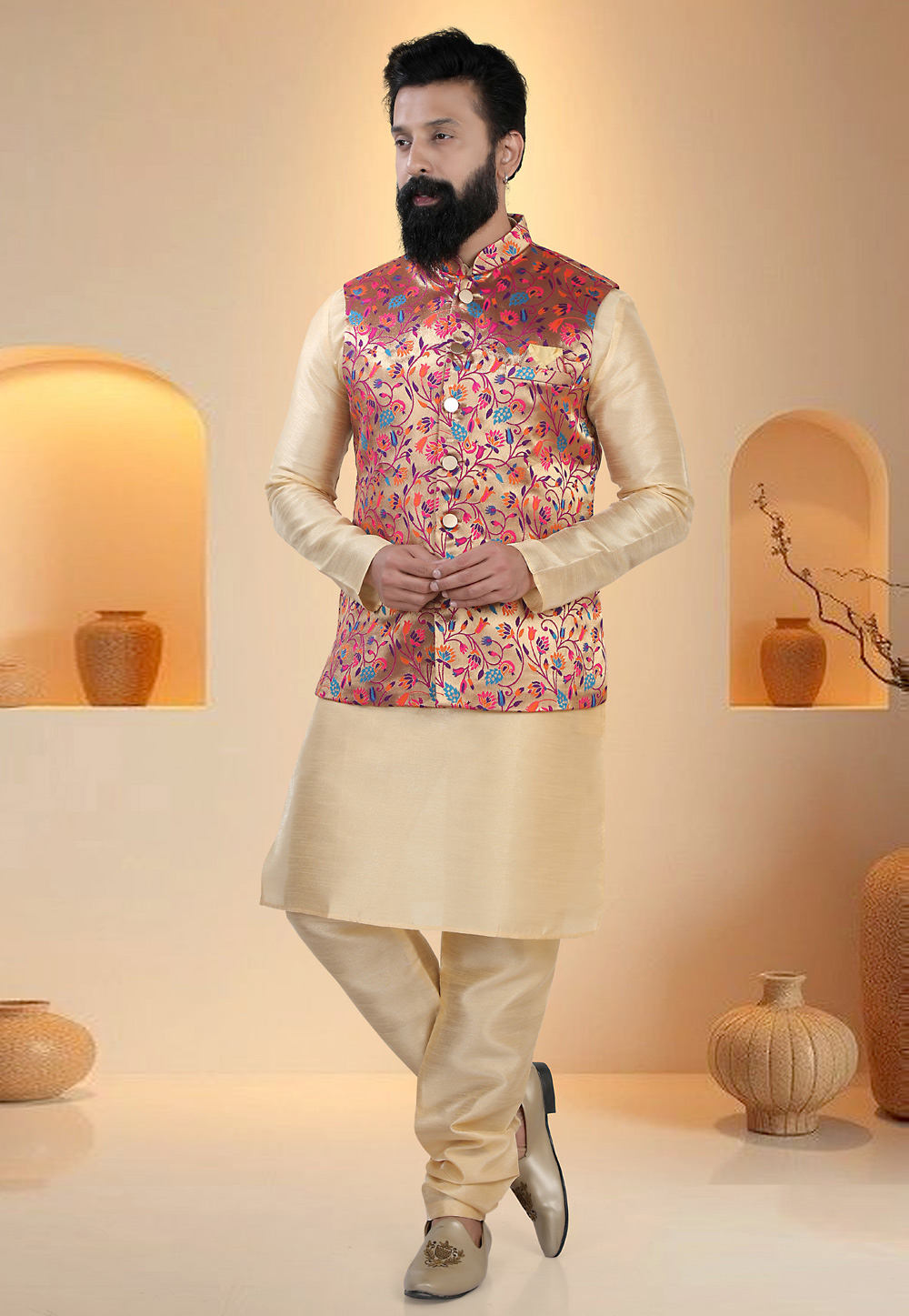 Beige Silk Kurta Pajama With Jacket 321281