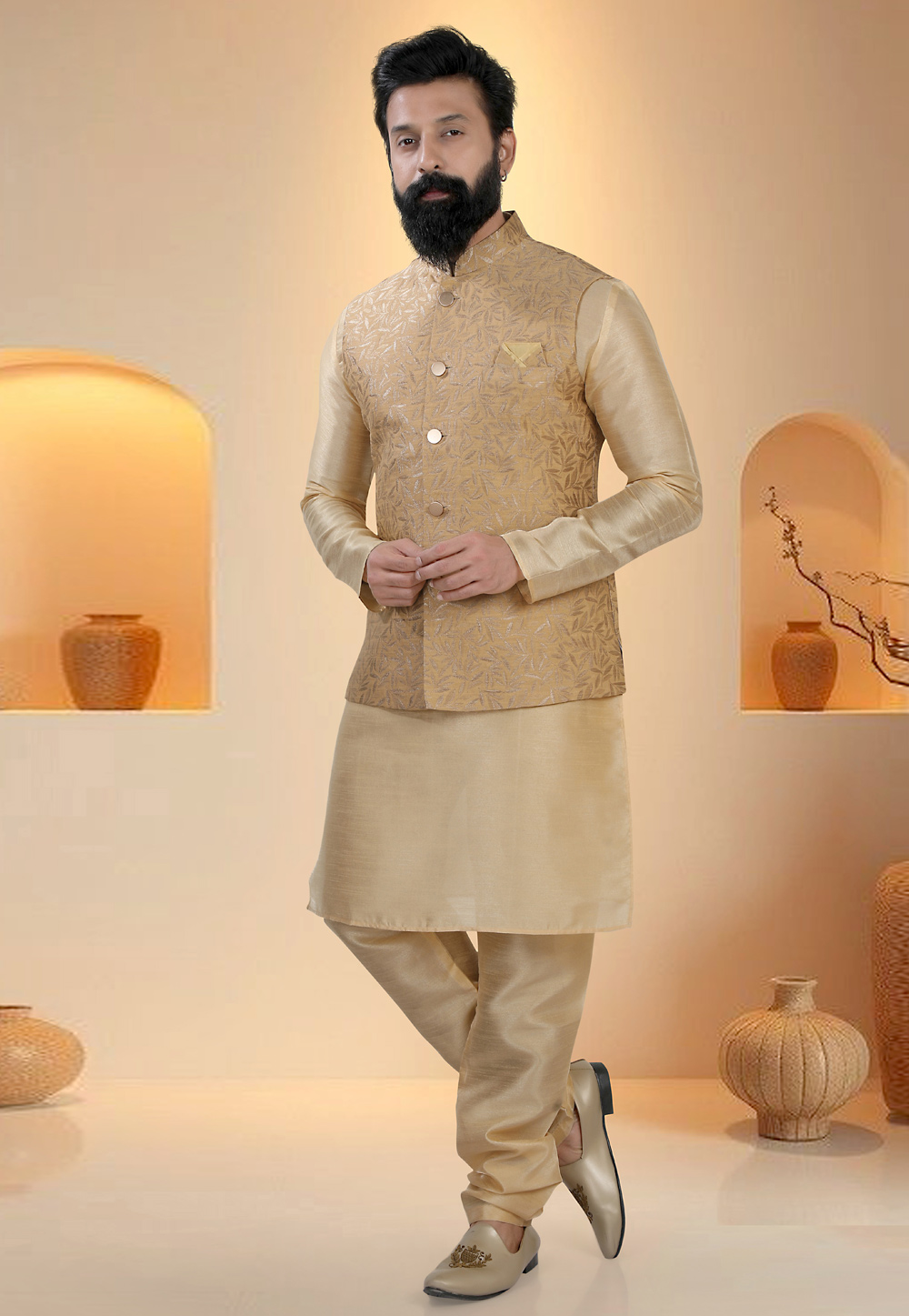 Beige Silk Kurta Pajama With Jacket 321282