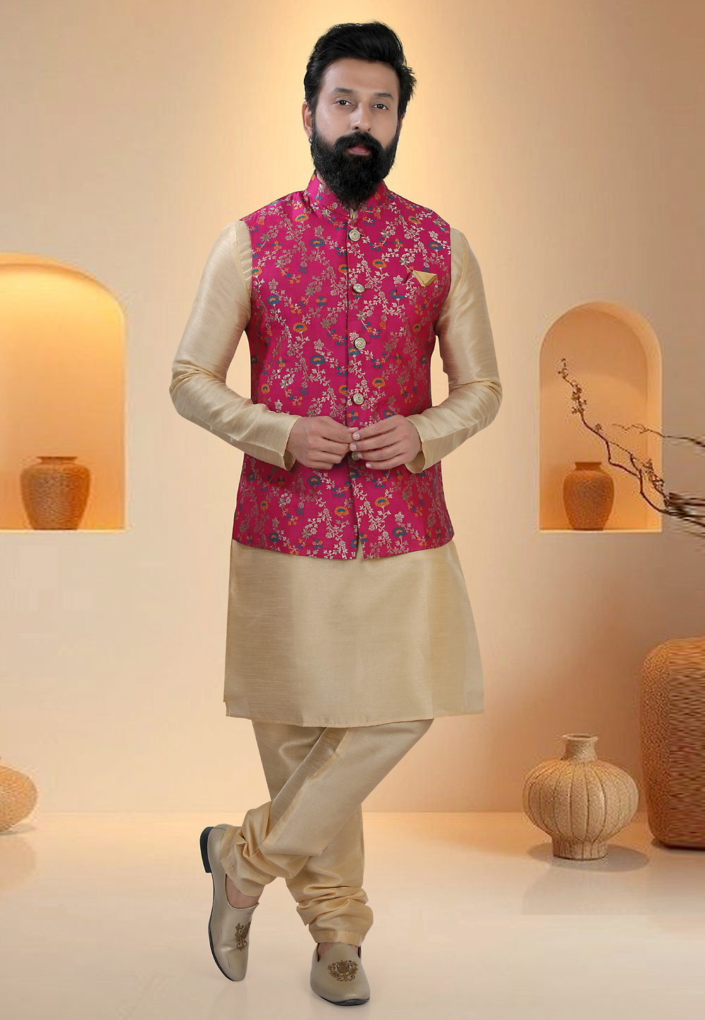 Beige Silk Kurta Pajama With Jacket 321283