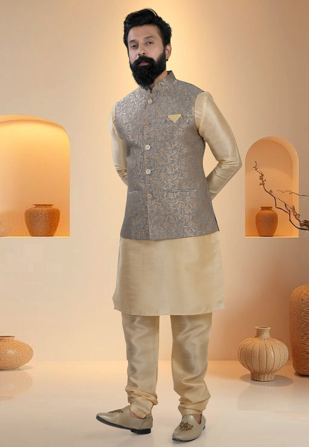 Beige Silk Kurta Pajama With Jacket 321284