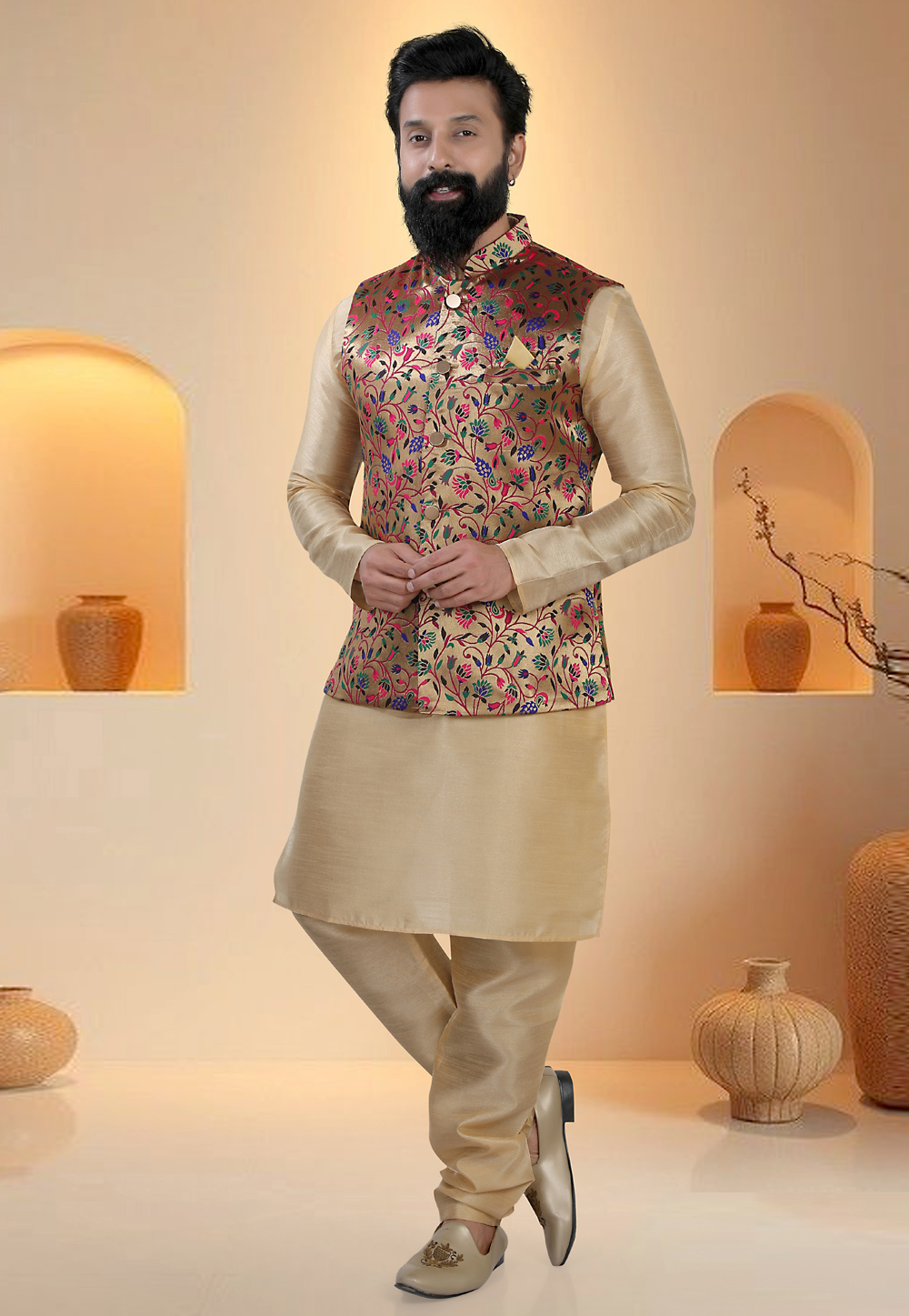 Beige Silk Kurta Pajama With Jacket 321285