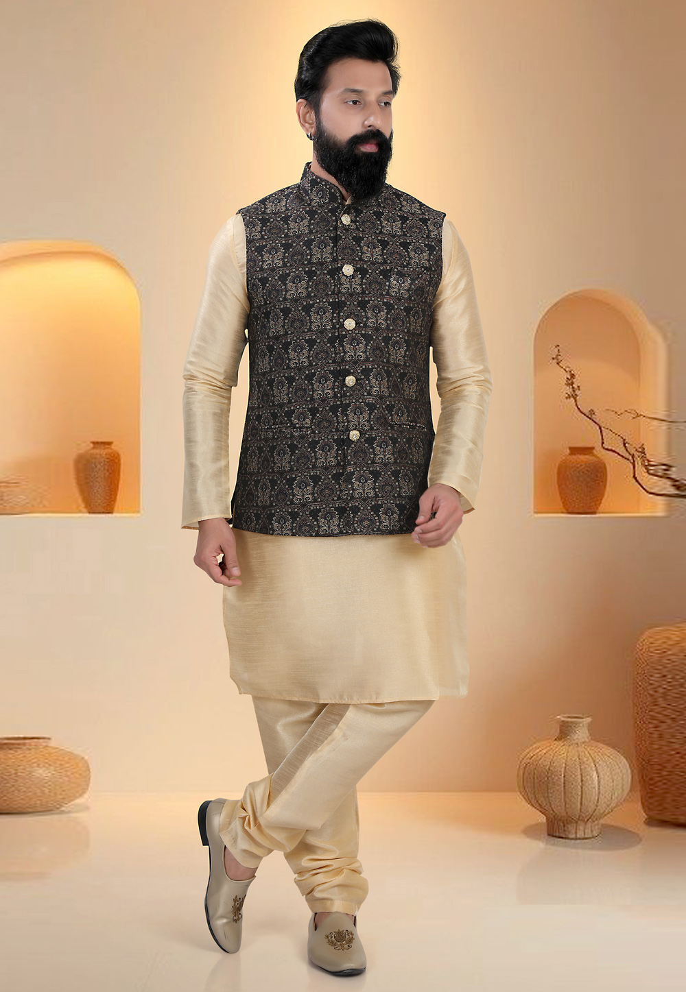 Beige Silk Kurta Pajama With Jacket 321286