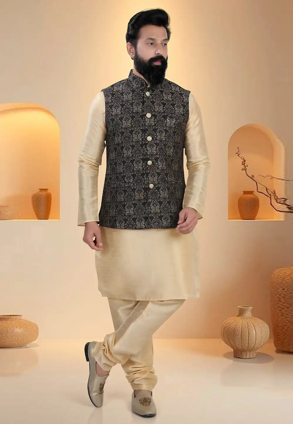 Beige Silk Kurta Pajama With Jacket 321286