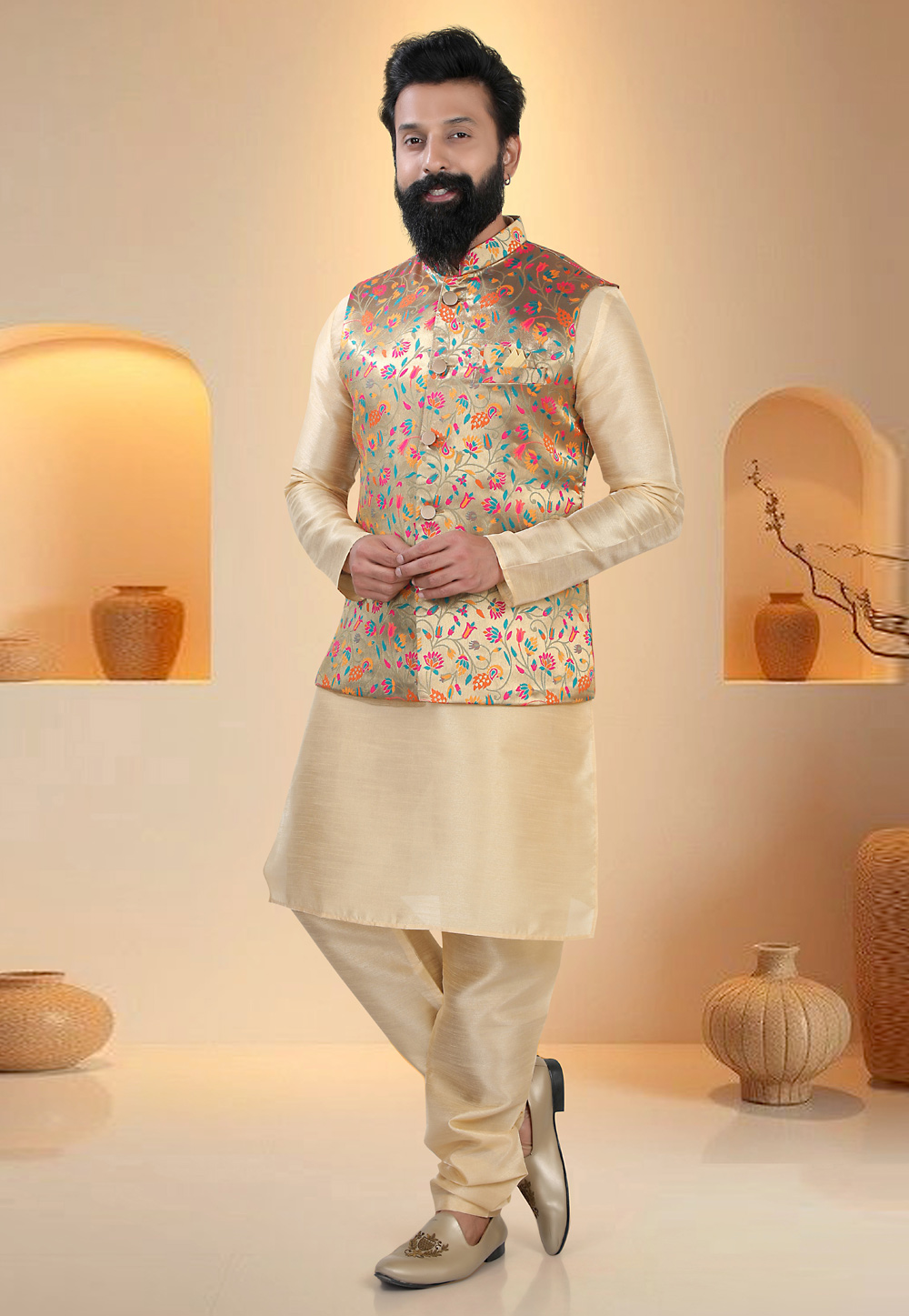 Beige Silk Kurta Pajama With Jacket 321287