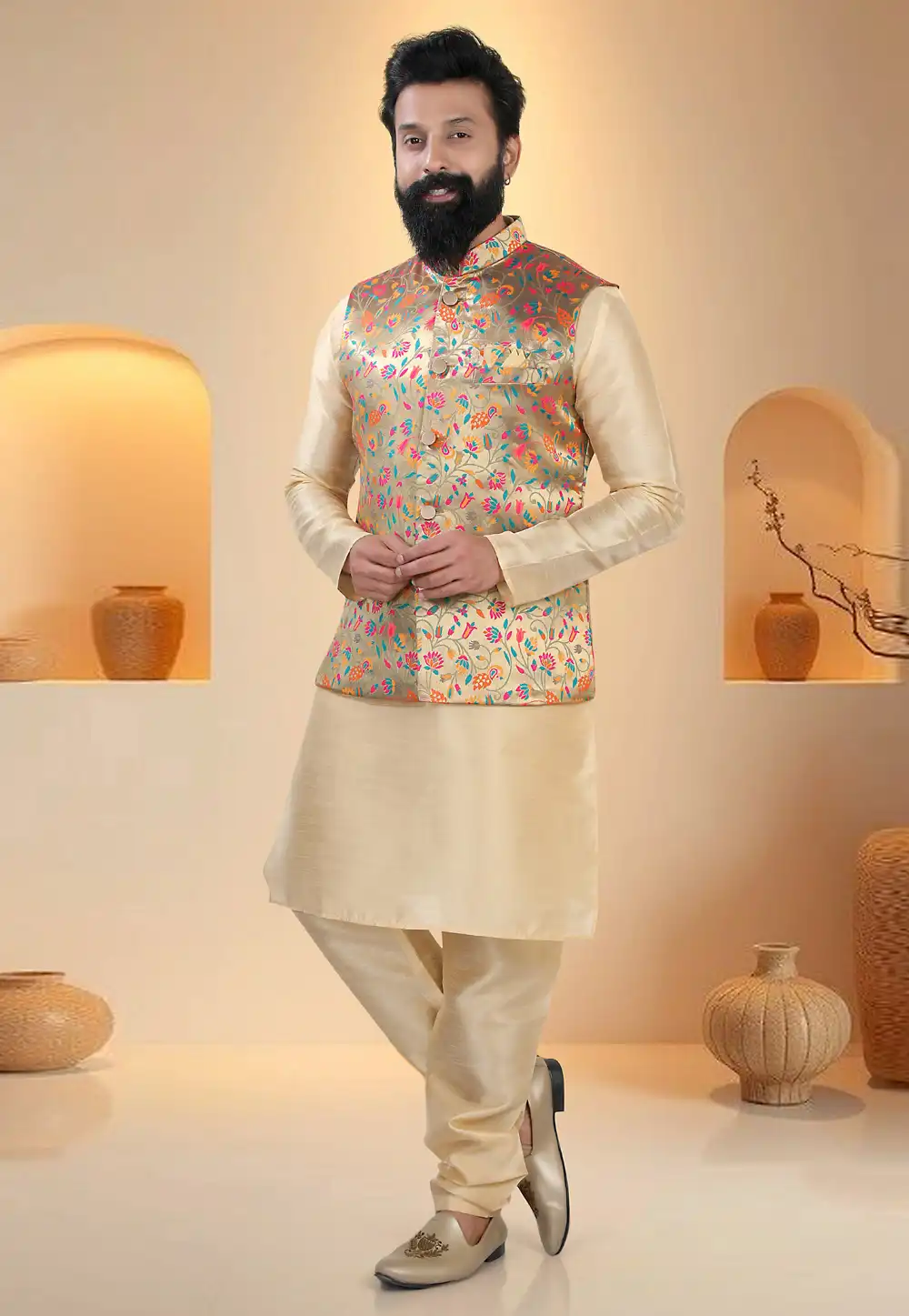 Beige Silk Kurta Pajama With Jacket 321287