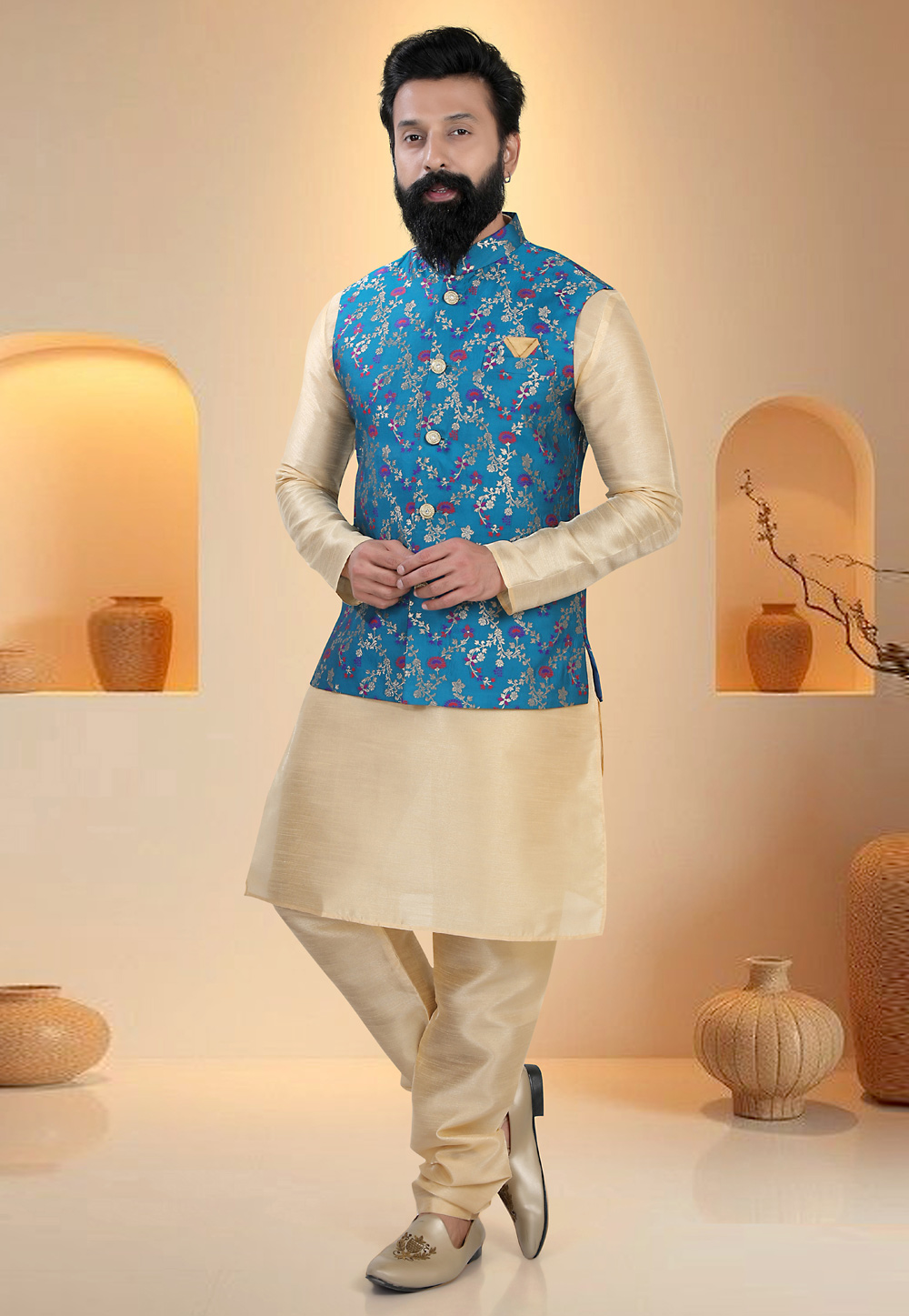 Beige Silk Kurta Pajama With Jacket 321288