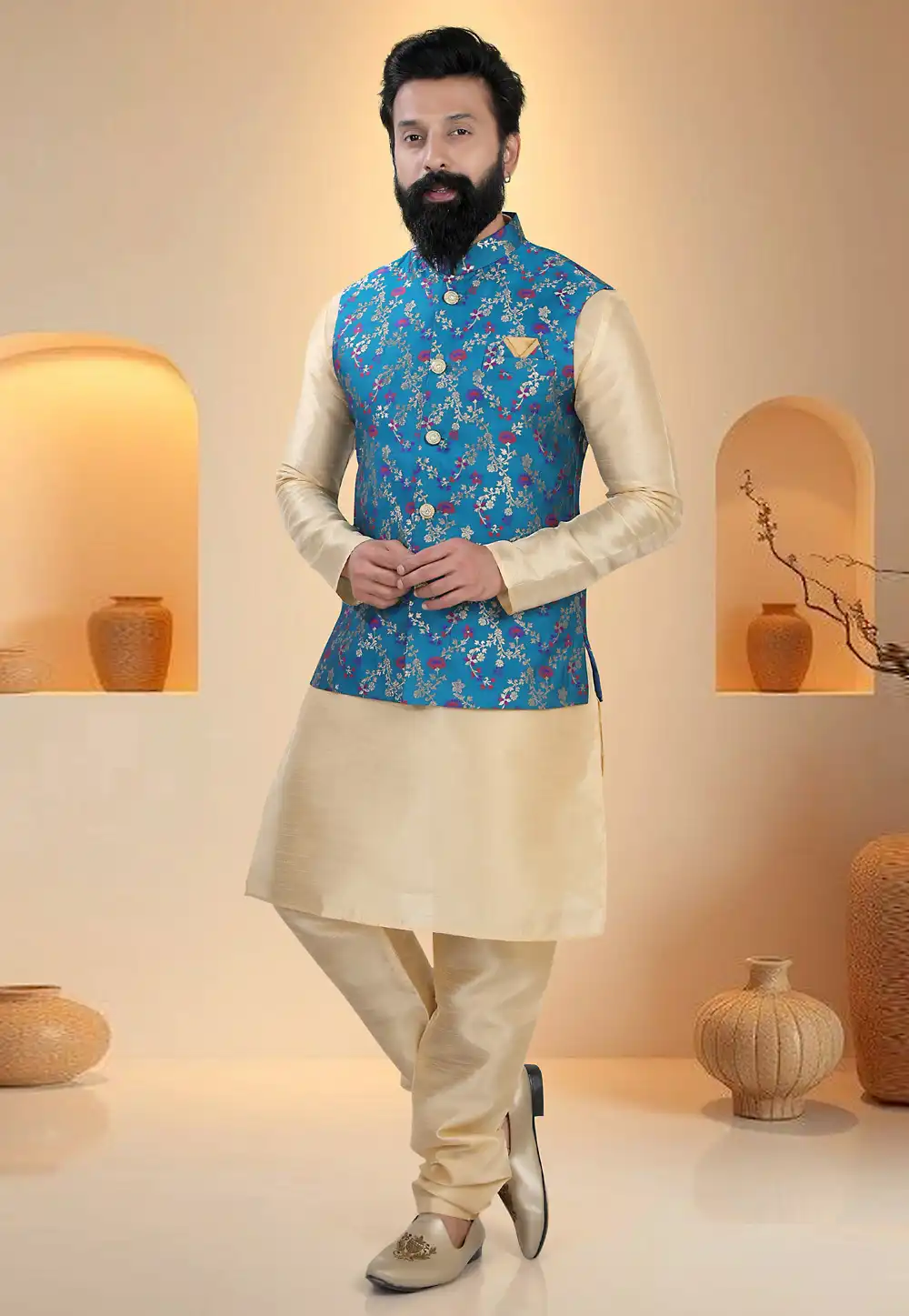 Beige Silk Kurta Pajama With Jacket 321288