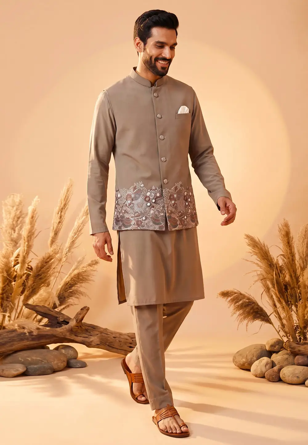 Beige Silk Kurta Pajama With Jacket 337209