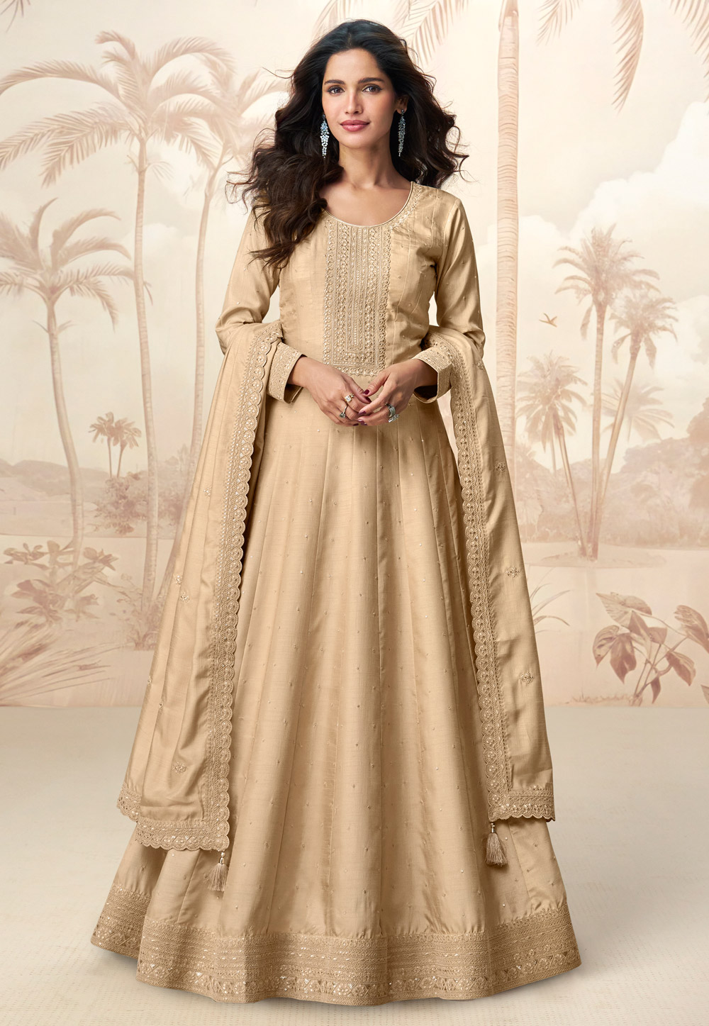 Beige Silk Long Anarkali Suit 307548