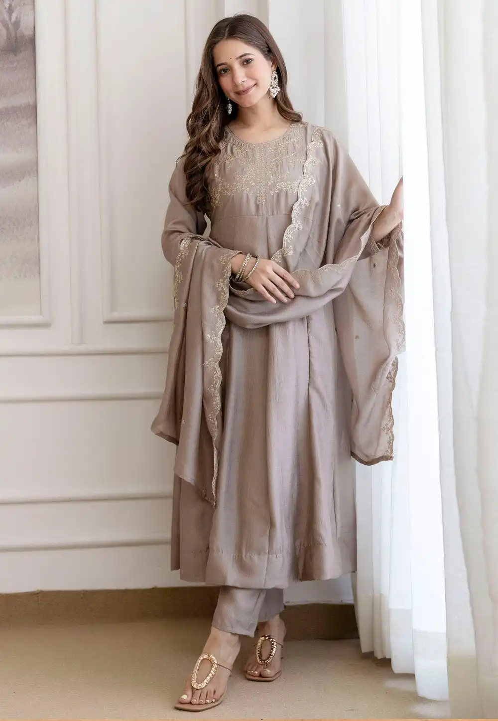 Beige Silk Readymade Anarkali Suit 319891