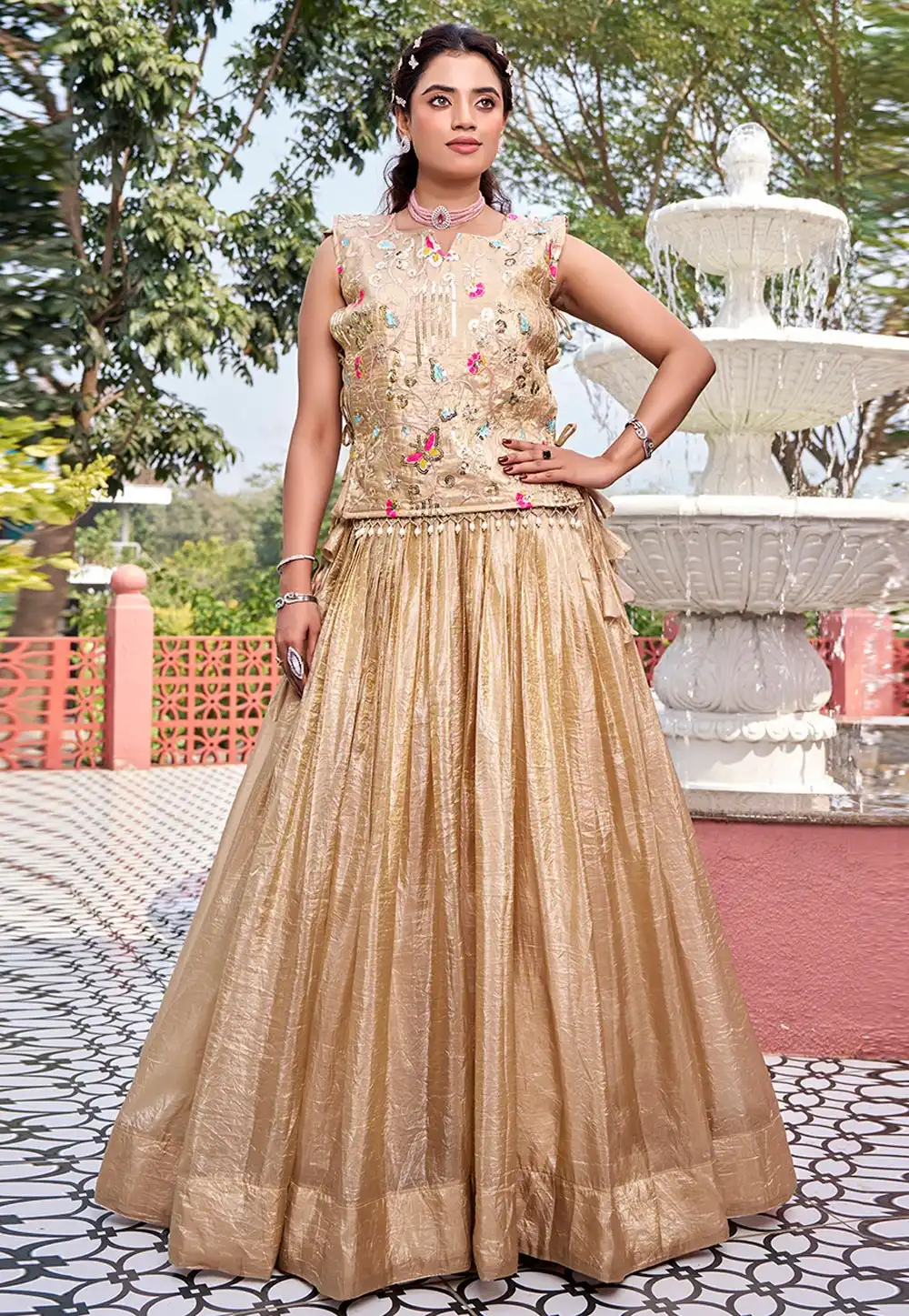 Beige Silk Readymade Indo Western Lehenga Choli 325901