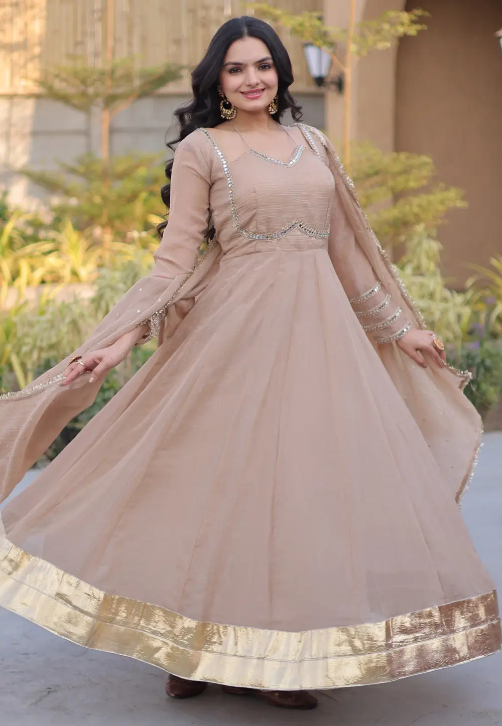Beige Silk Readymade Long Anarkali Suit 333405