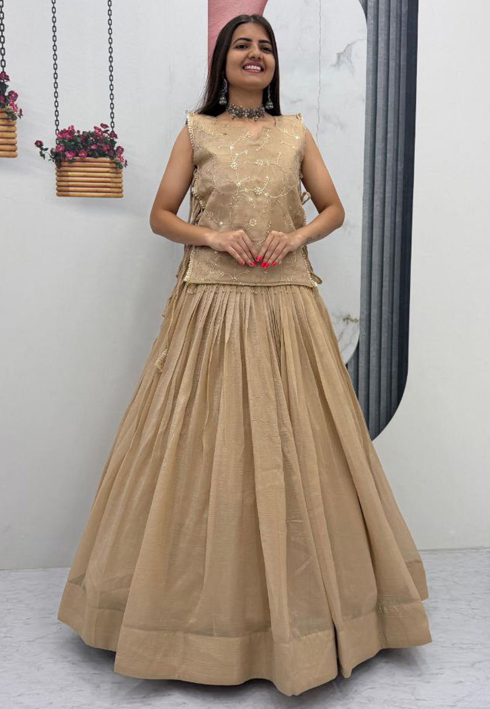 Beige Silk Readymade Long Choli Lehenga 326498