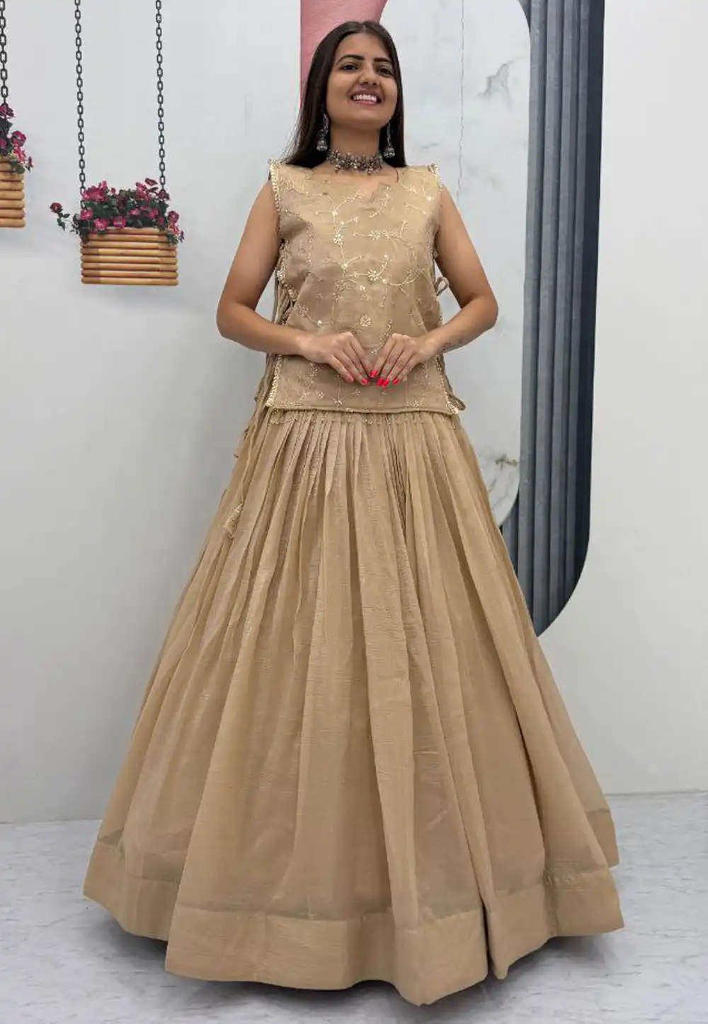 Beige Silk Readymade Long Choli Lehenga 326498