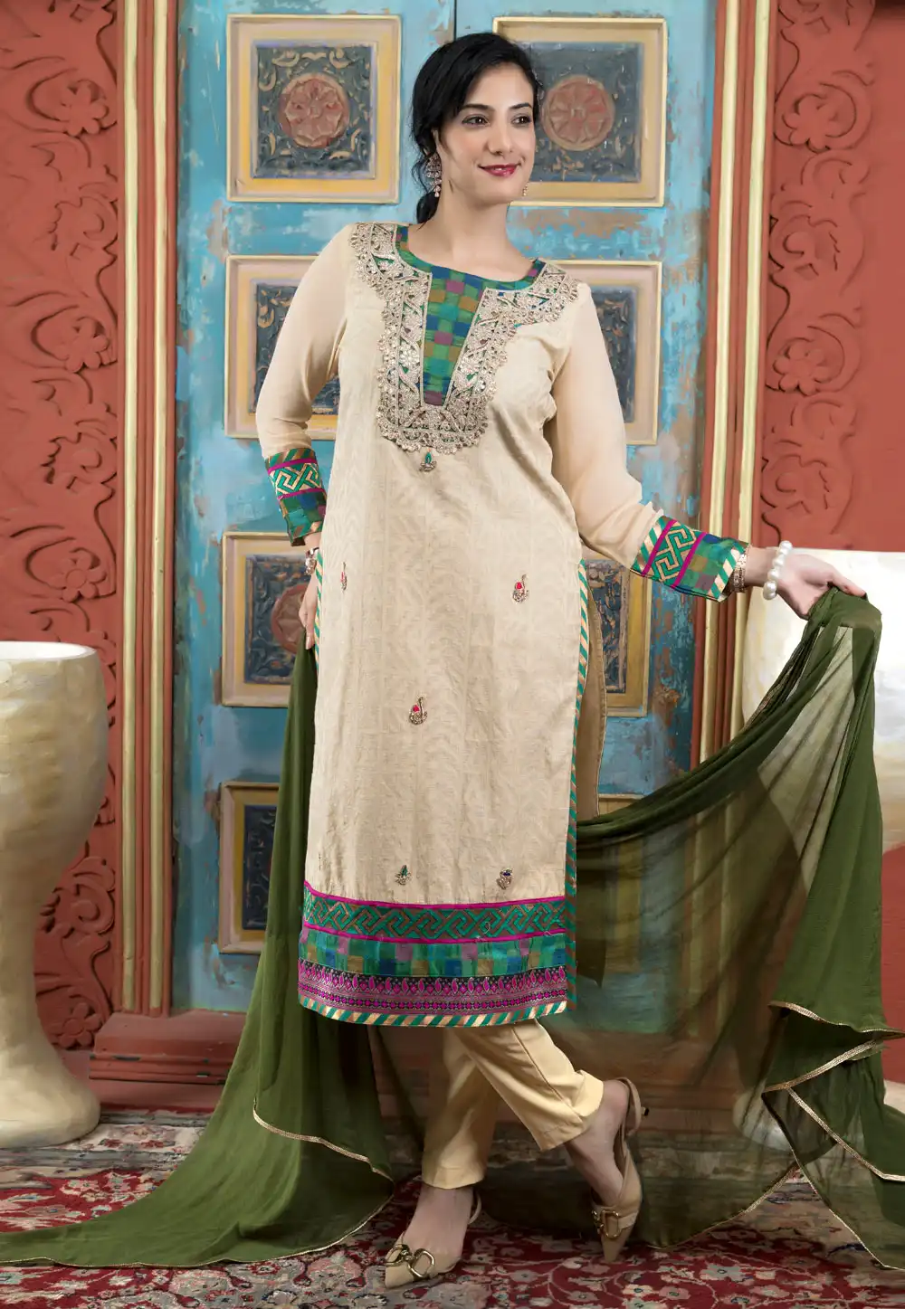 Beige Silk Readymade Pakistani Suit 316645