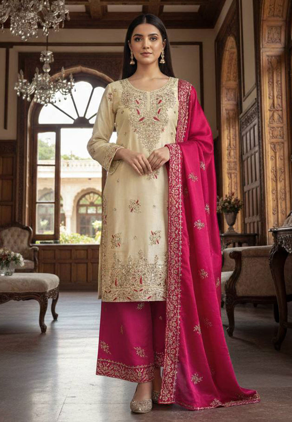 Beige Silk Readymade Pakistani Suit 323905
