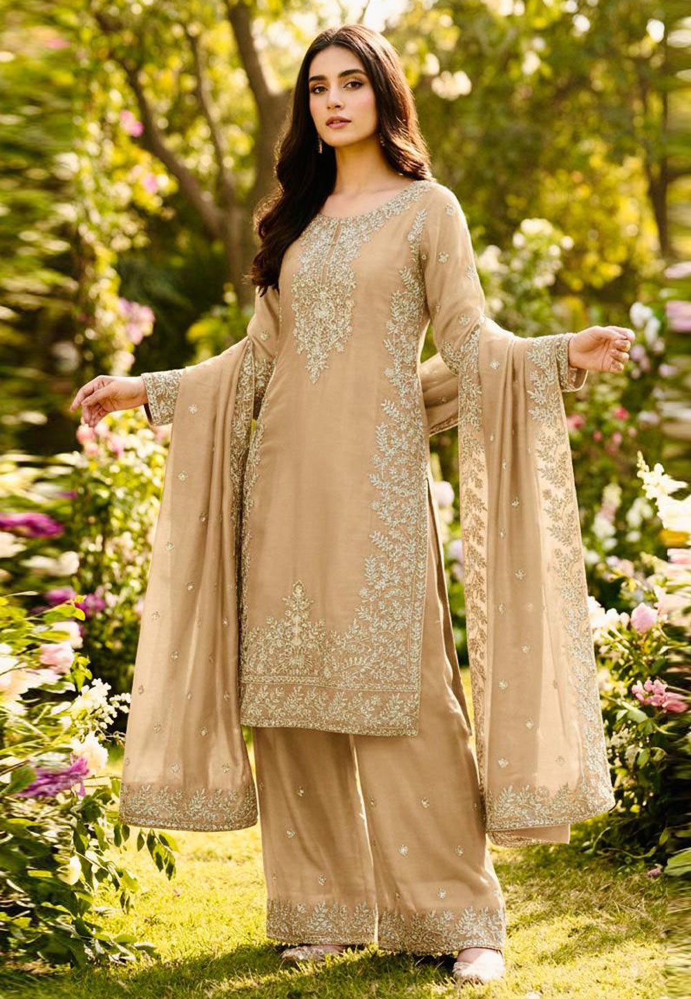 Beige Silk Readymade Pakistani Suit 324528