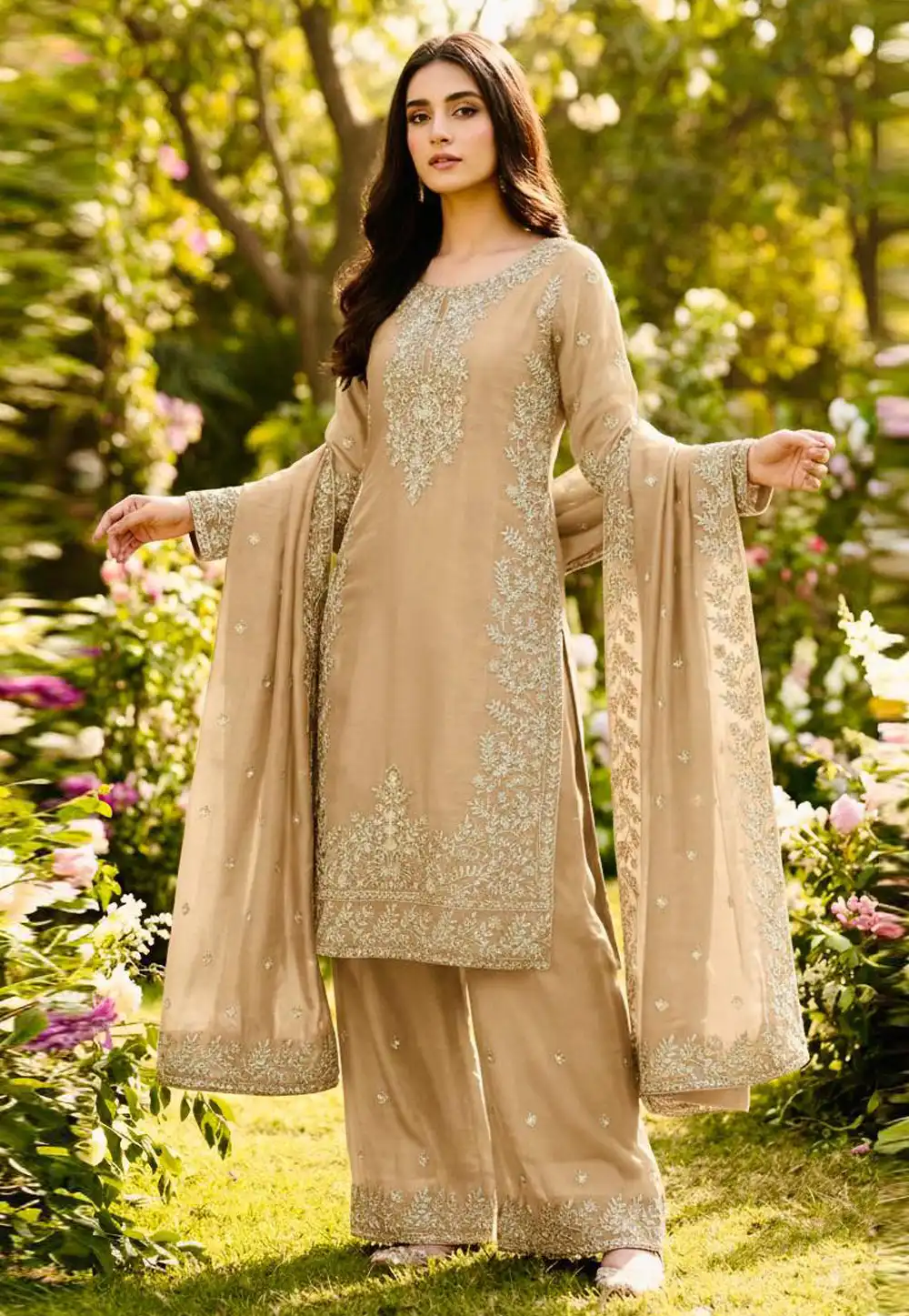 Beige Silk Readymade Pakistani Suit 324528