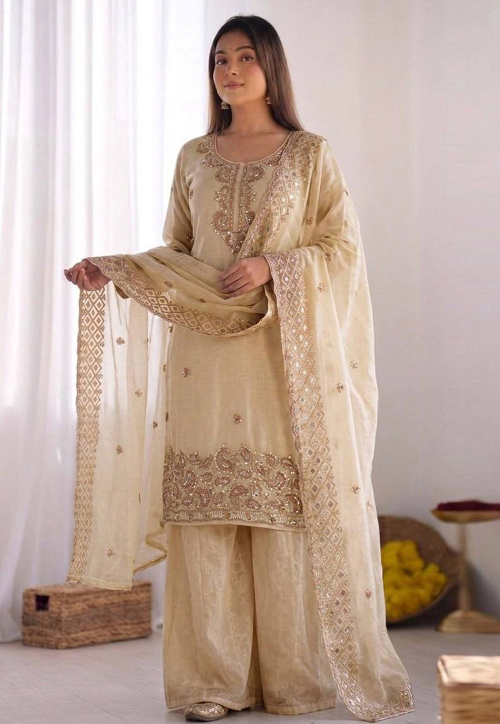 Beige Silk Readymade Pakistani Suit 329692