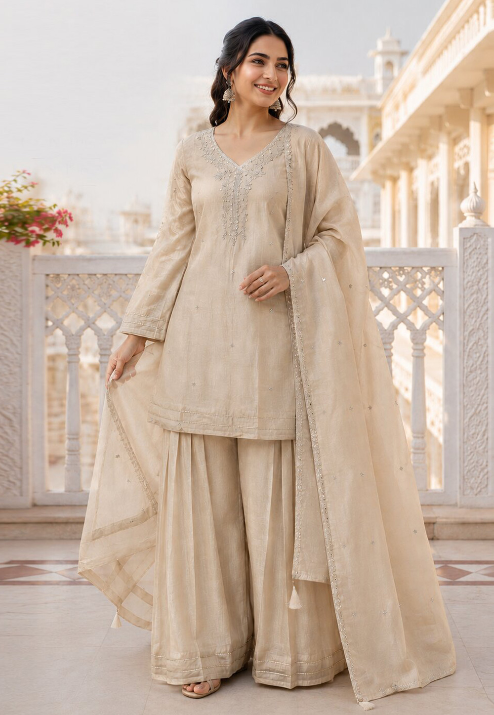 Beige Silk Readymade Palazzo Suit 329612