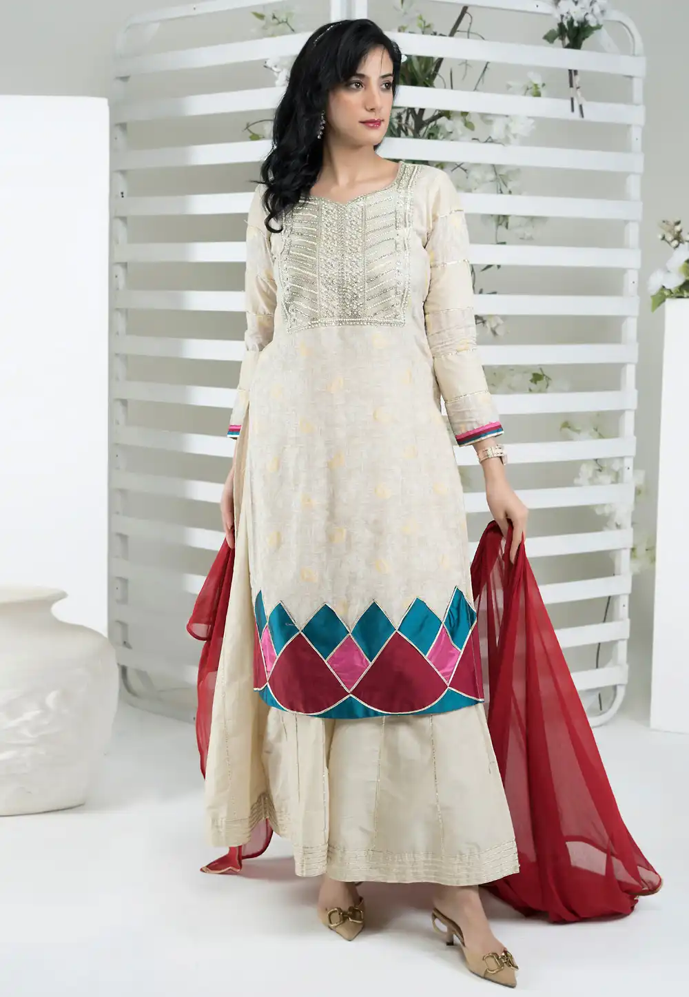 Beige Silk Readymade Palazzo Suit 316650
