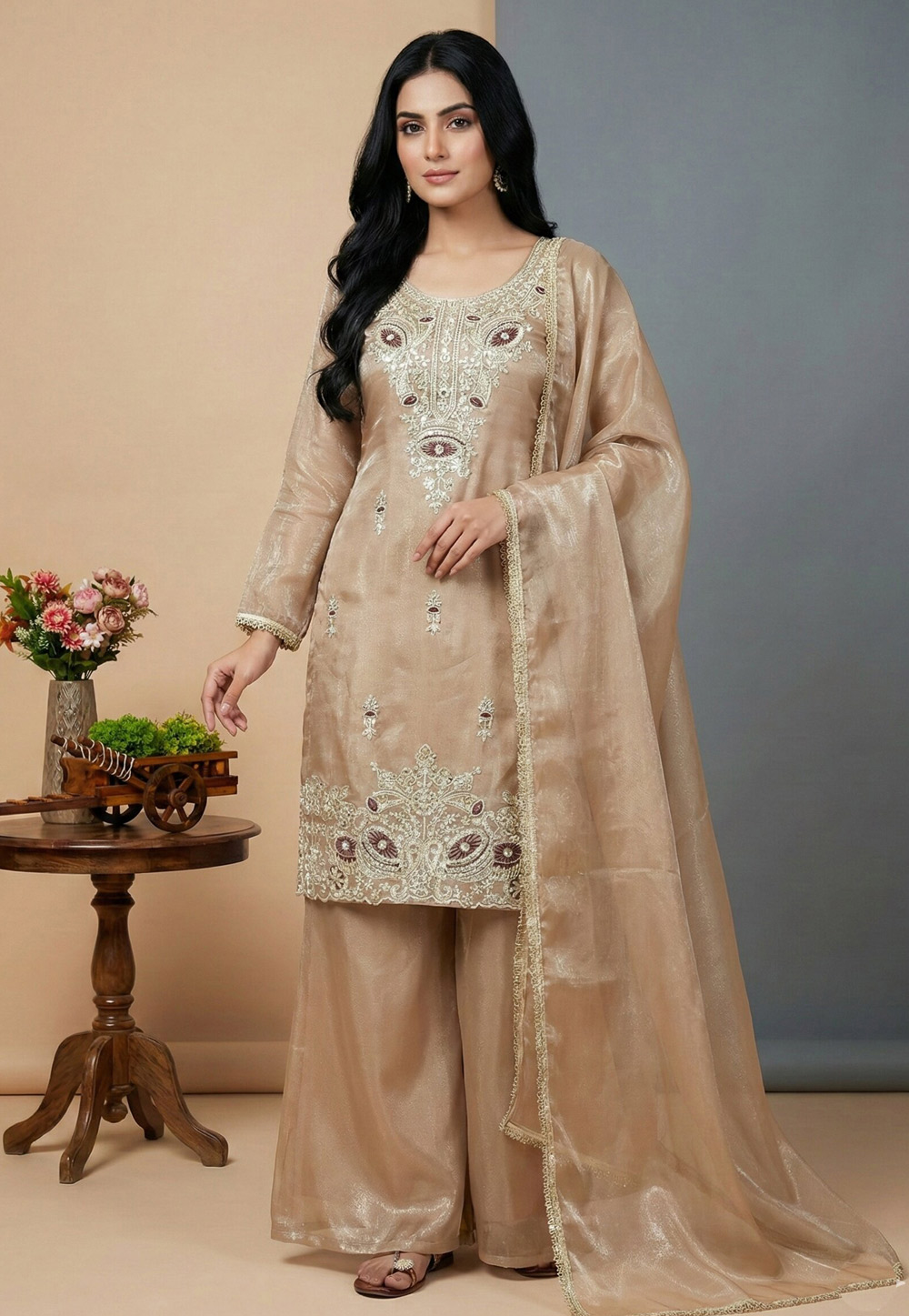 Beige Silk Readymade Palazzo Suit 324978
