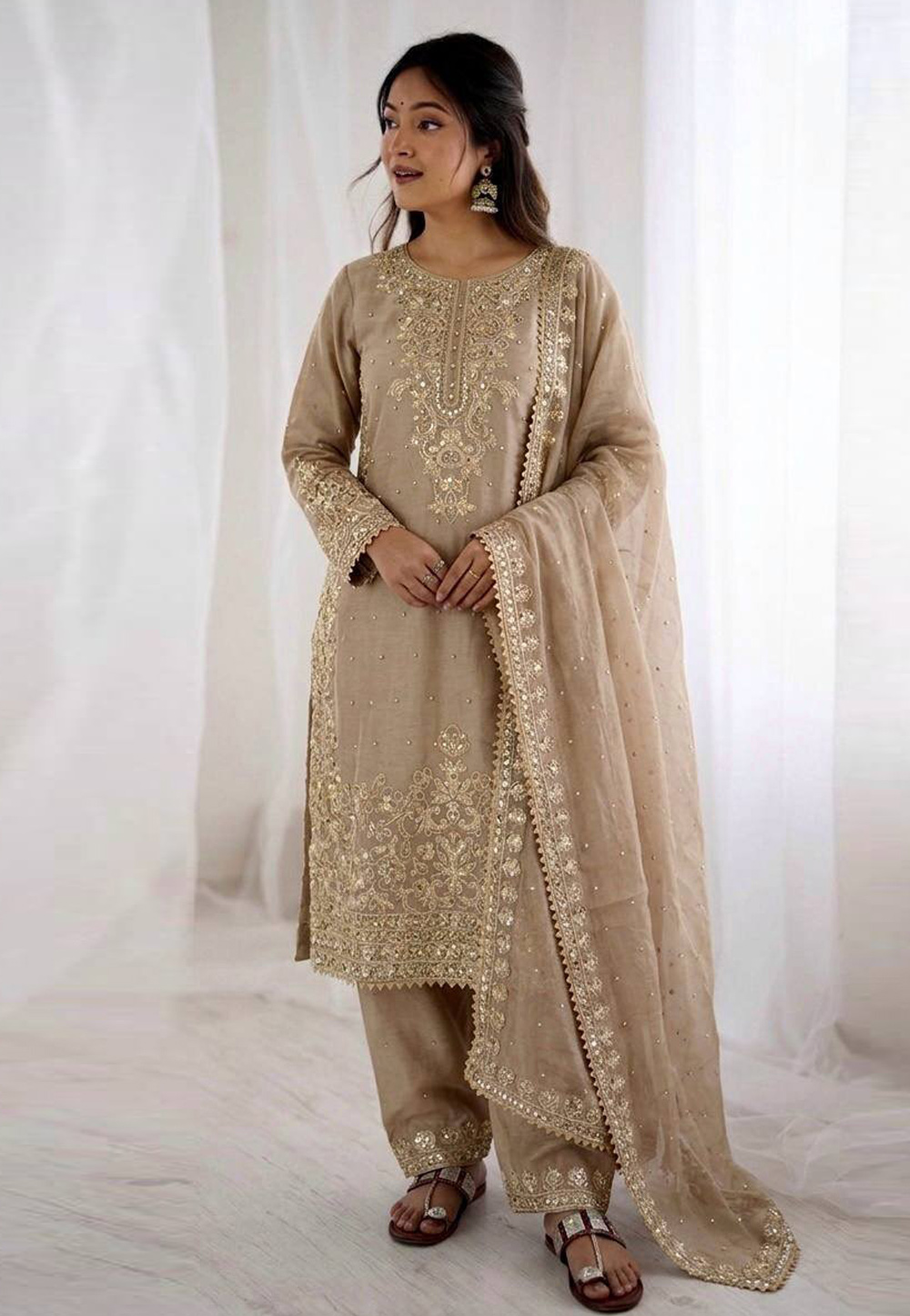 Beige Silk Readymade Palazzo Suit 327515