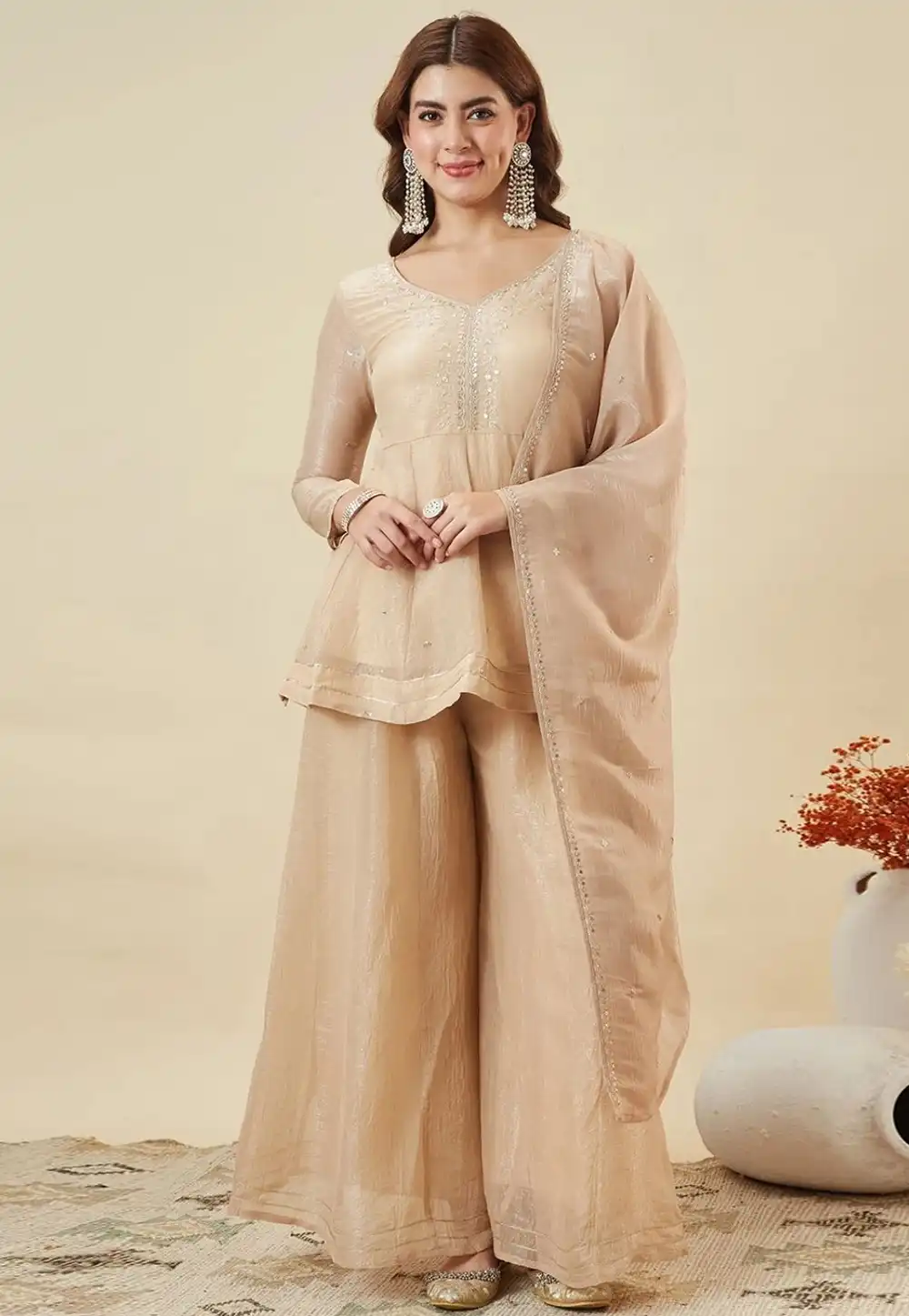 Beige Silk Readymade Palazzo Suit 329020