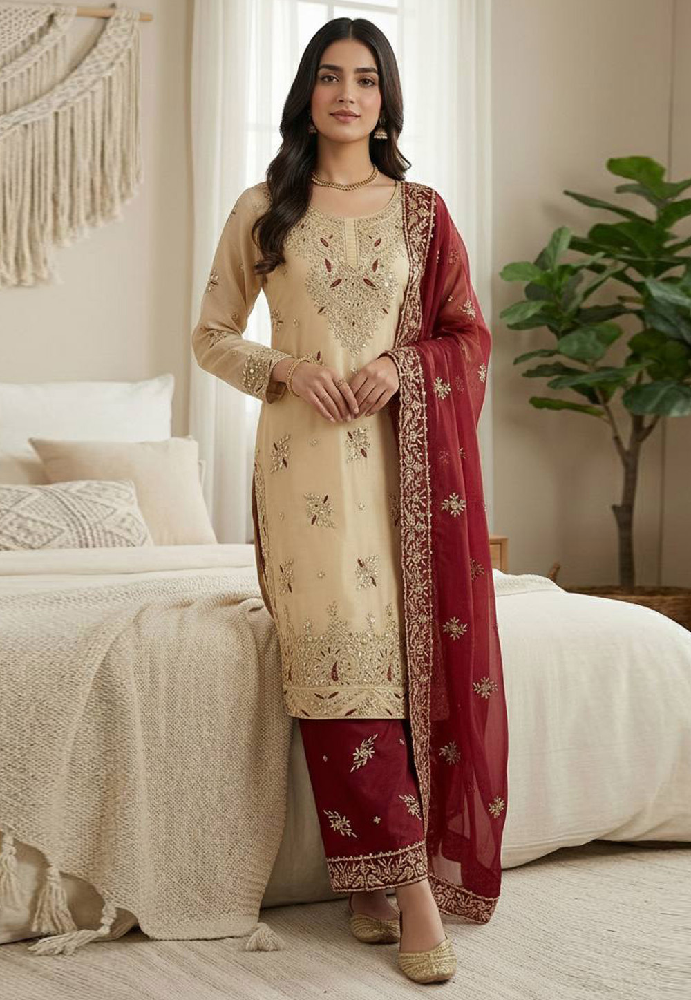 Beige Silk Readymade Palazzo Suit 322264