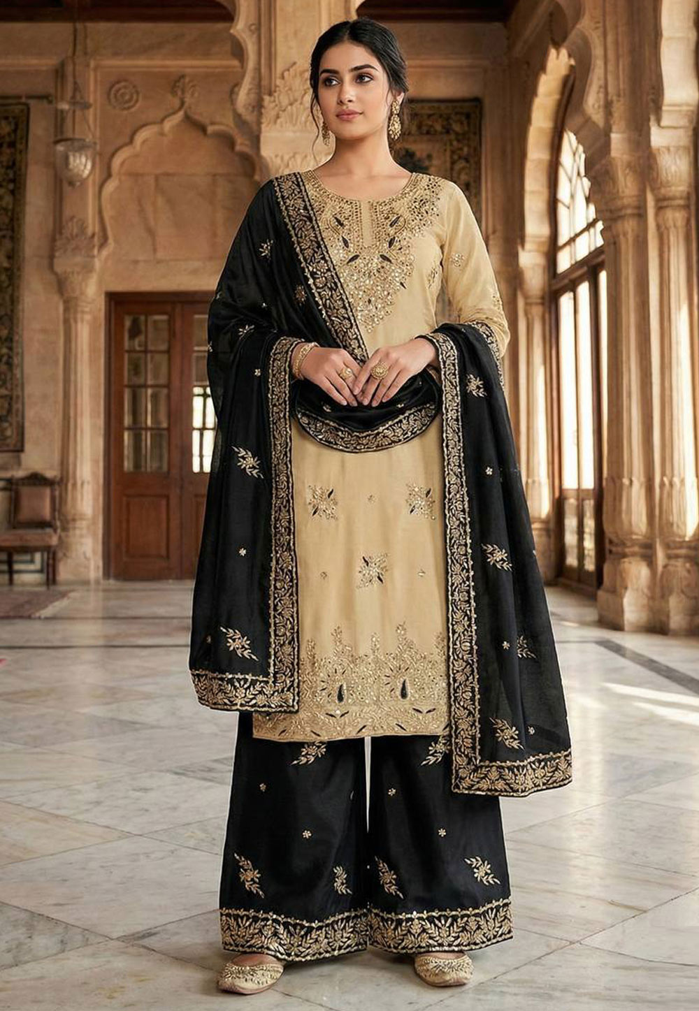 Beige Silk Readymade Palazzo Suit 323904