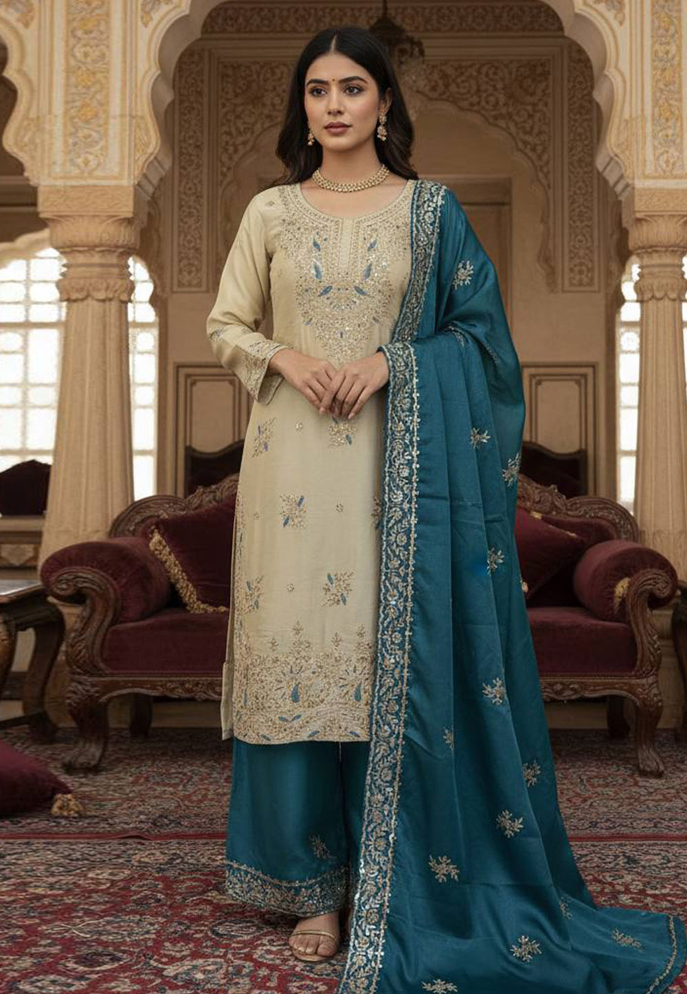 Beige Silk Readymade Palazzo Suit 323906