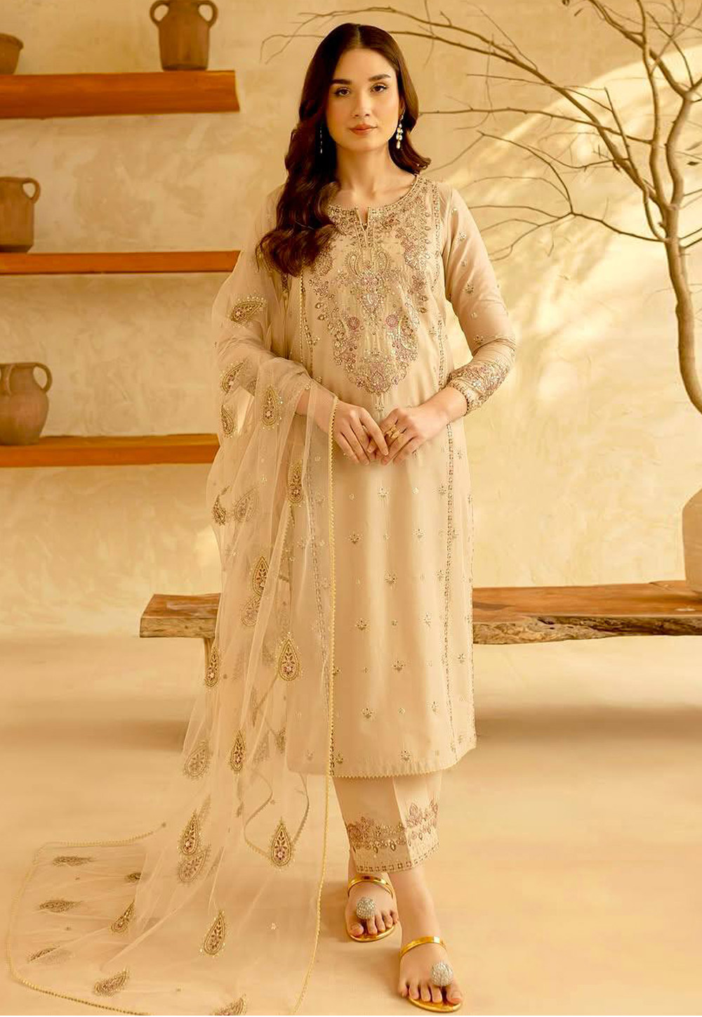 Beige Silk Readymade Palazzo Suit 321893