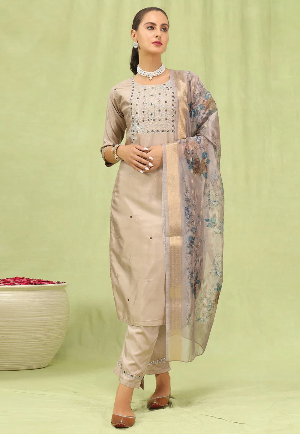 Beige Silk Readymade Pant Style Suit 307292