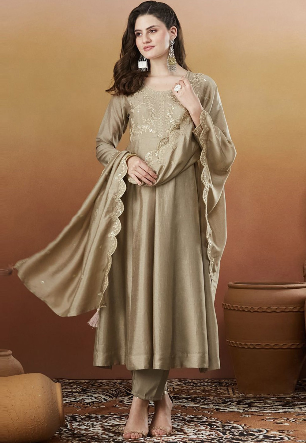 Beige Silk Readymade Pant Style Suit 321933