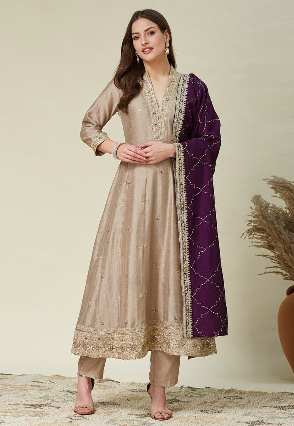 Beige Silk Readymade Pant Style Suit 324146