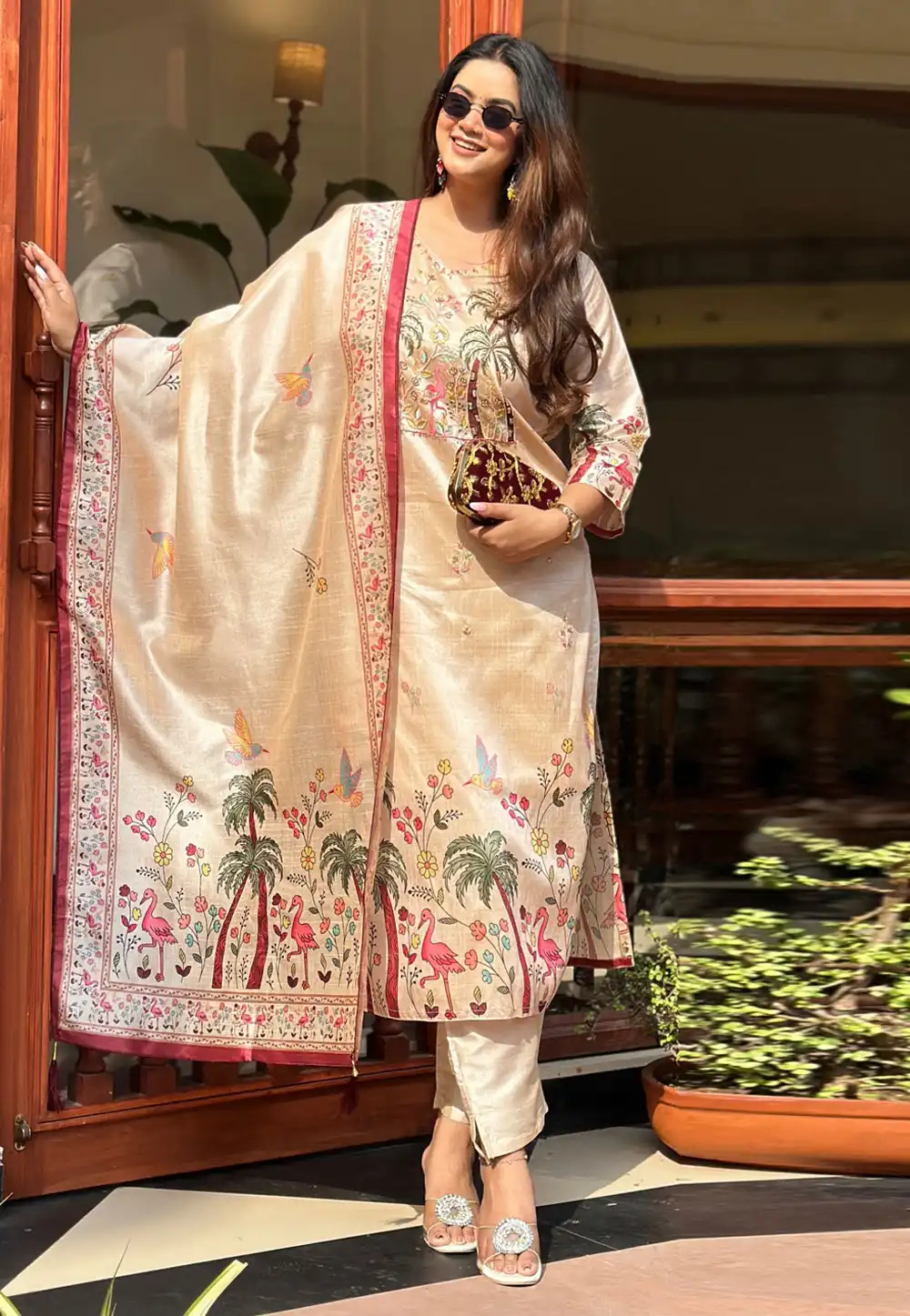 Beige Silk Readymade Pant Style Suit 325489