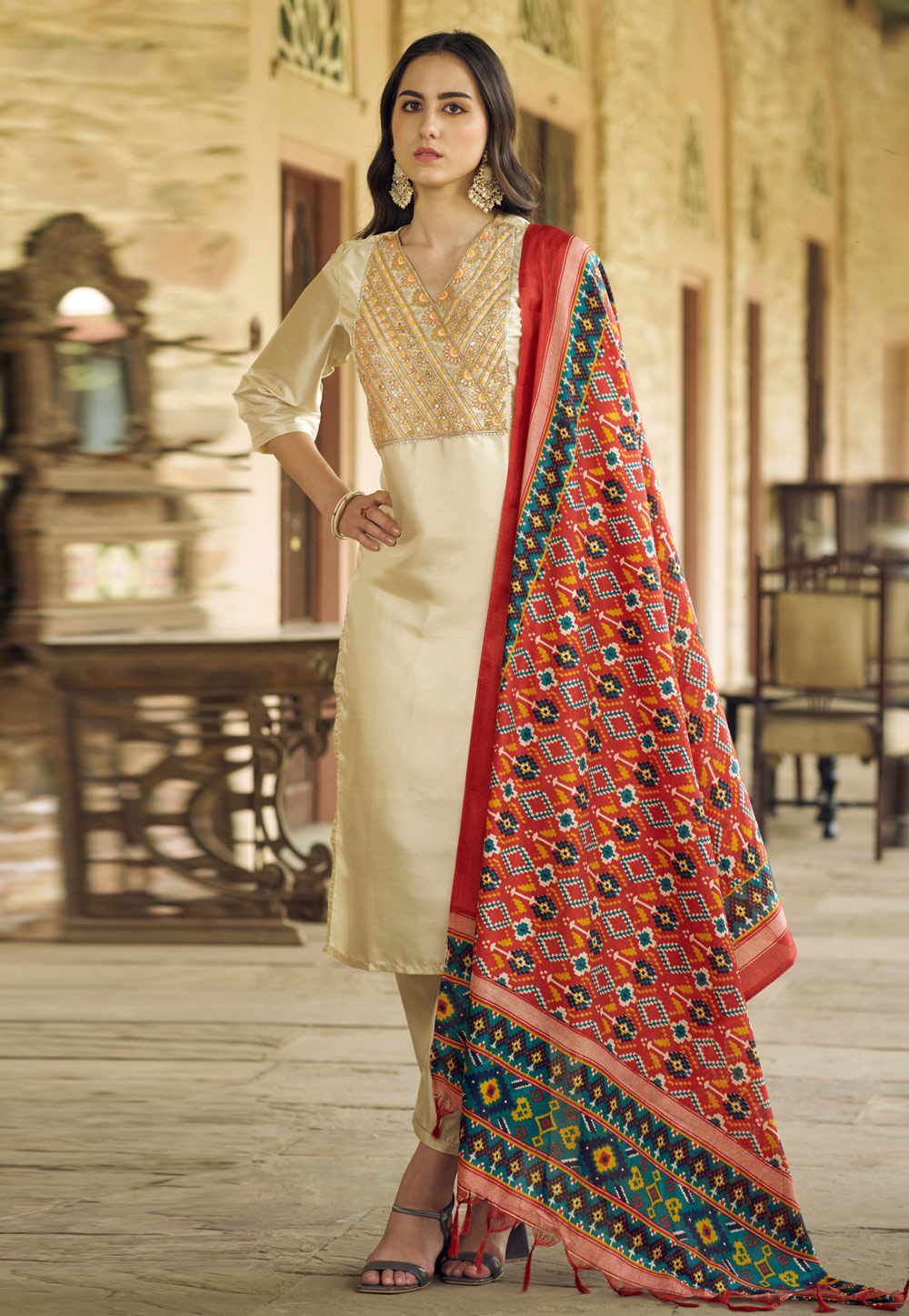 Beige Silk Readymade Pant Style Suit 324925