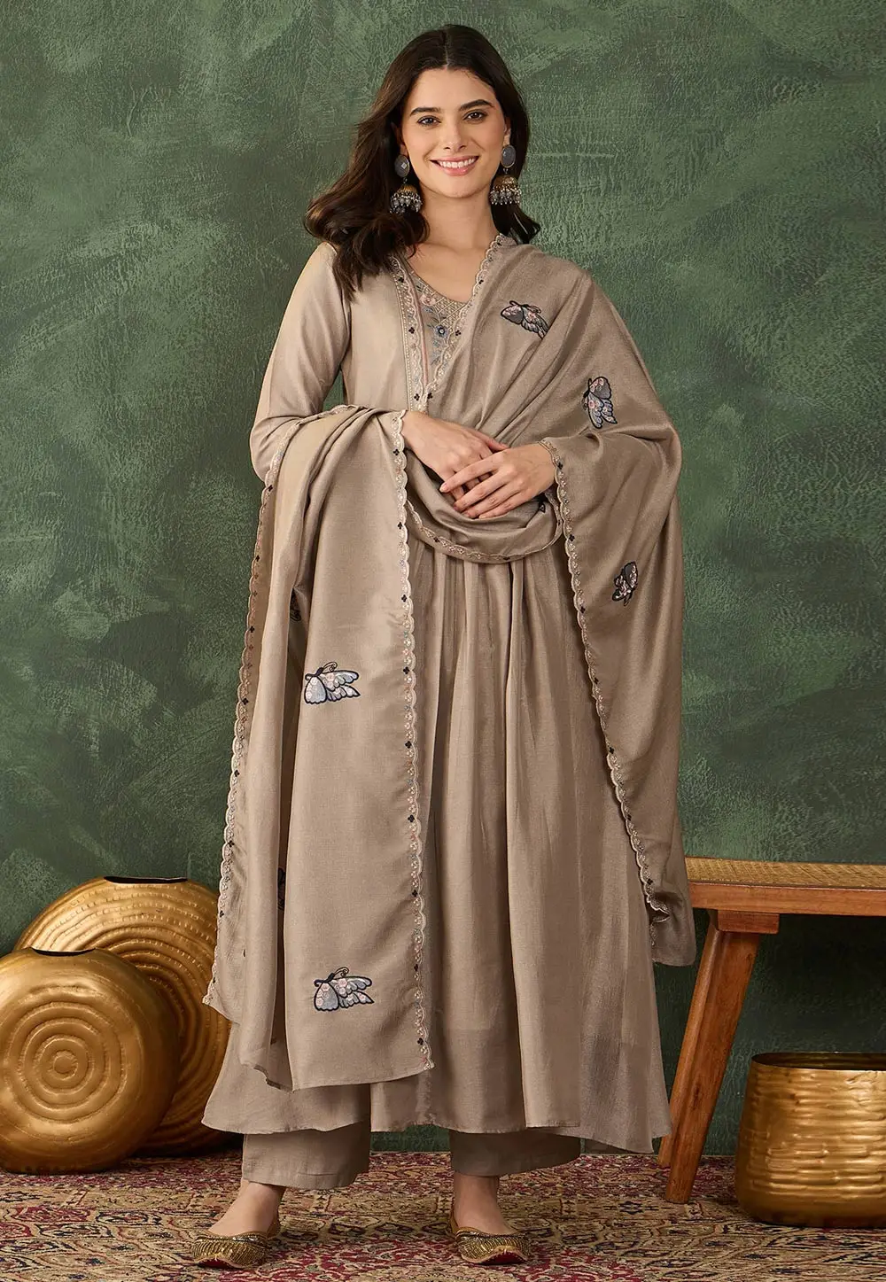 Beige Silk Readymade Pant Style Suit 334437