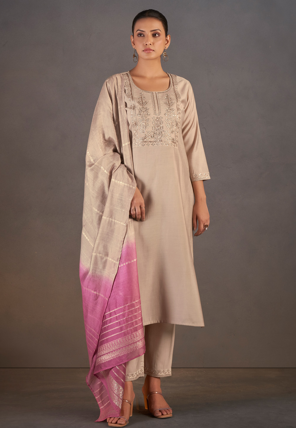 Beige Silk Readymade Pant Style Suit 321866