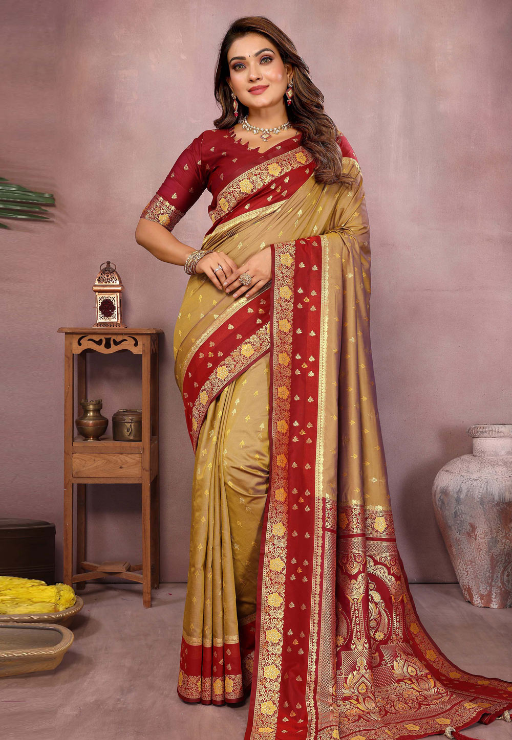 Beige Silk Saree With Blouse 312671