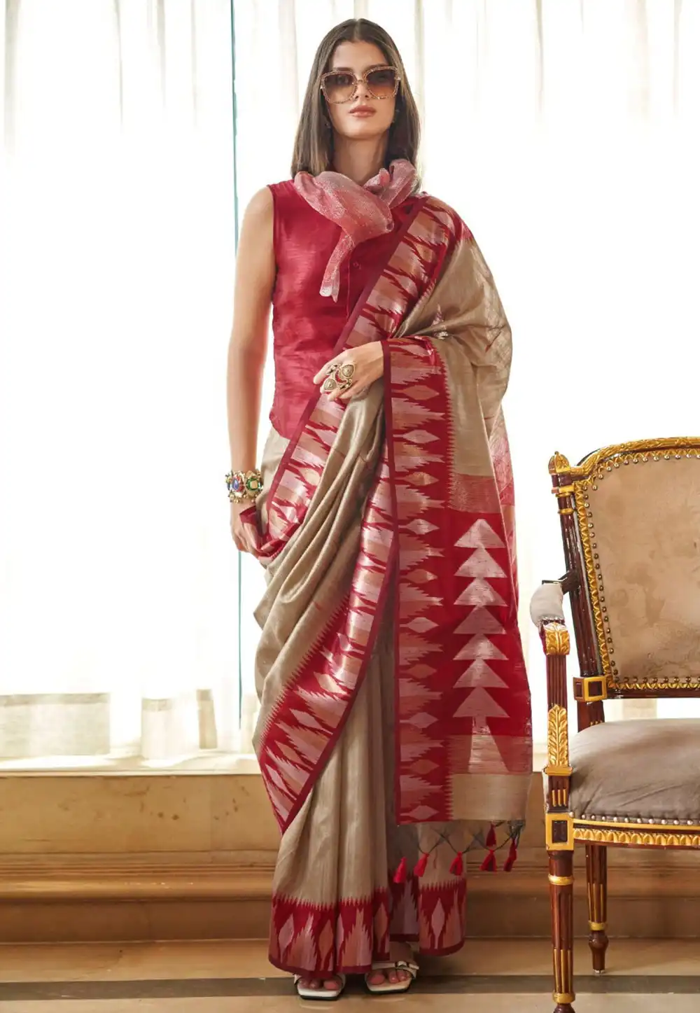 Beige Silk Saree With Blouse 323225