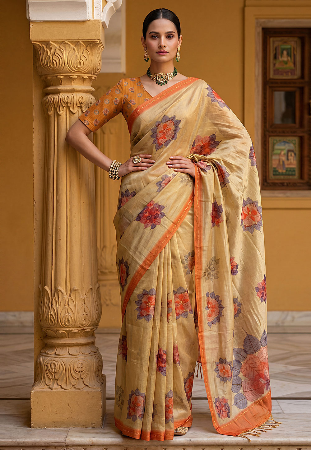 Beige Silk Saree With Blouse 327493