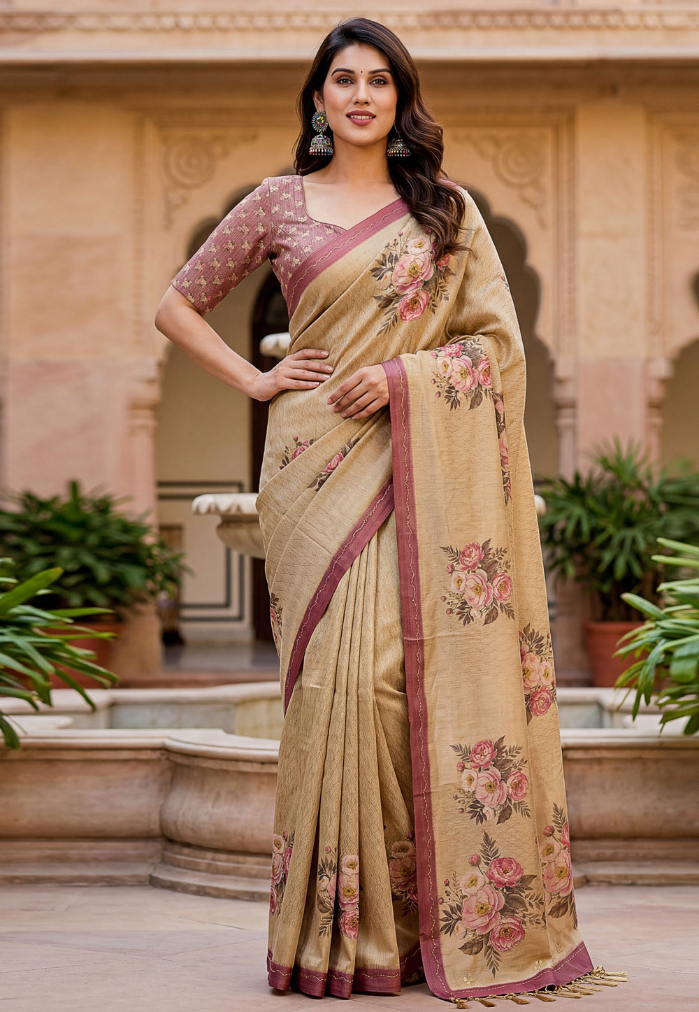 Beige Silk Saree With Blouse 327494